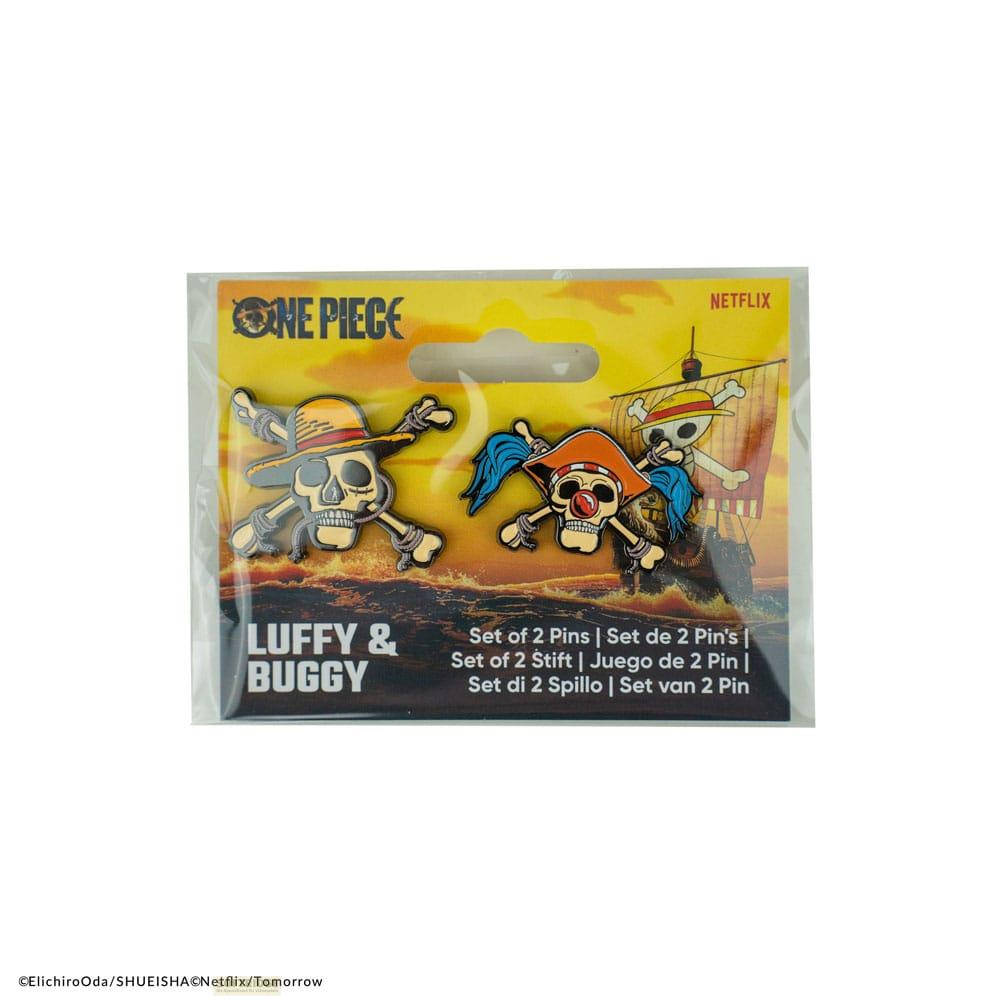 One Piece Pins mit Luffy und Buggy Totenköpfen, Netflix-Logo, Segelschiff im Hintergrund.