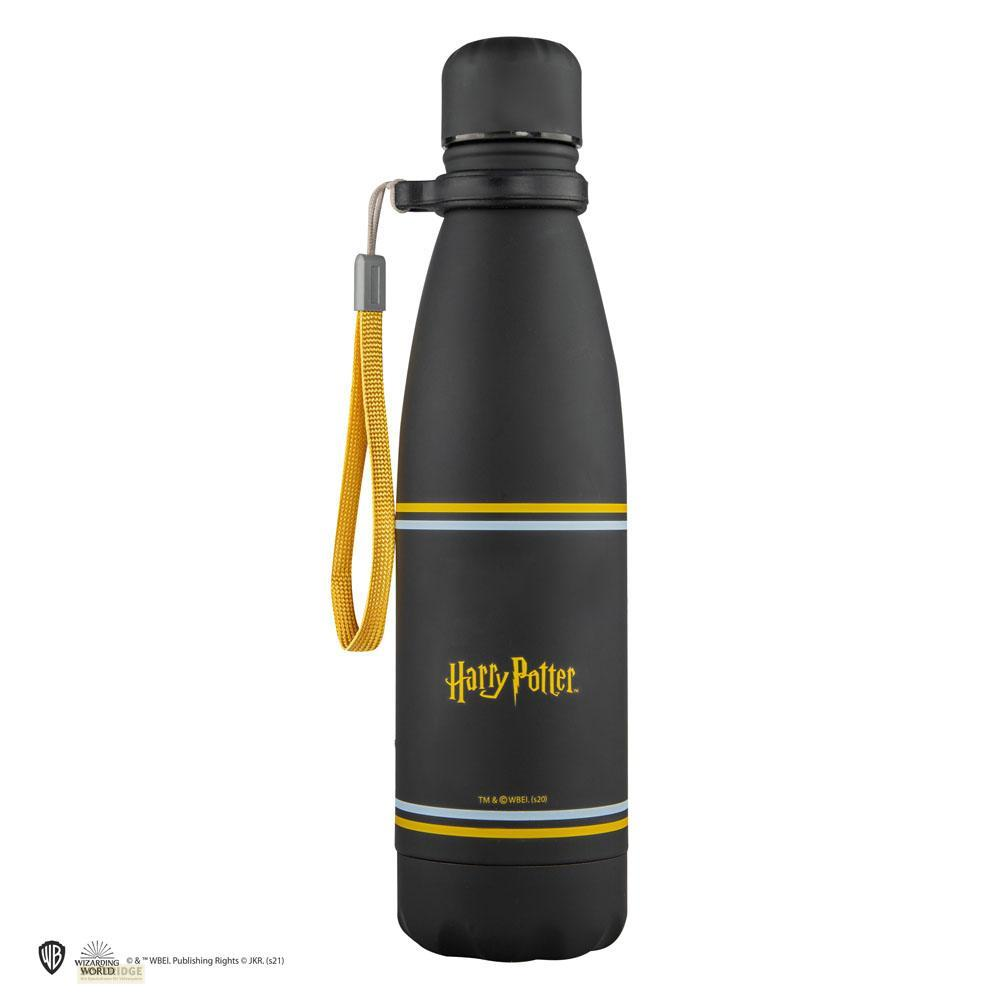 Schwarze Harry Potter Wasserflasche mit gelbem Band und Schriftzug.