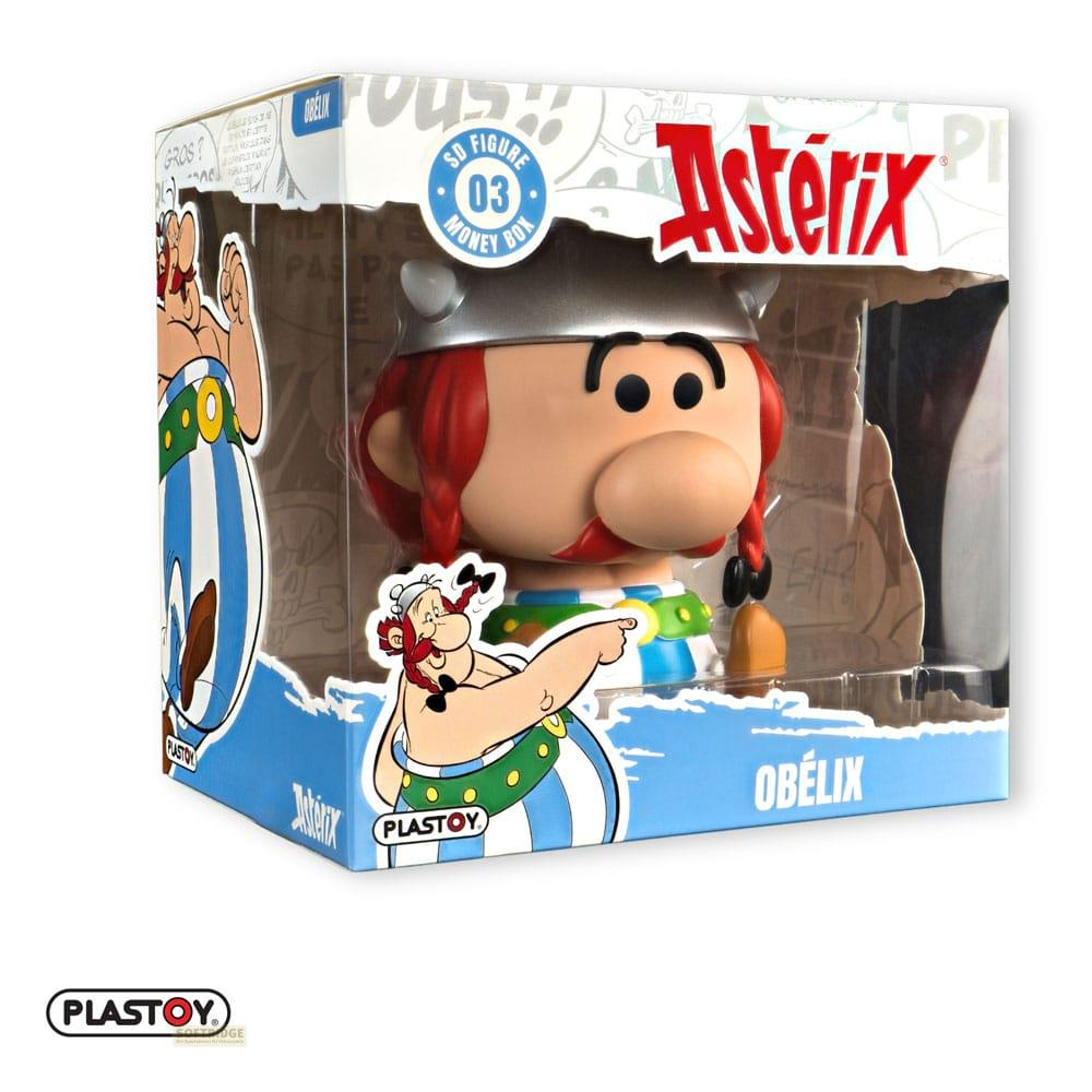 Verpackung einer Obelix-Geldkassette mit Asterix-Logo und Comic-Zeichnungen.