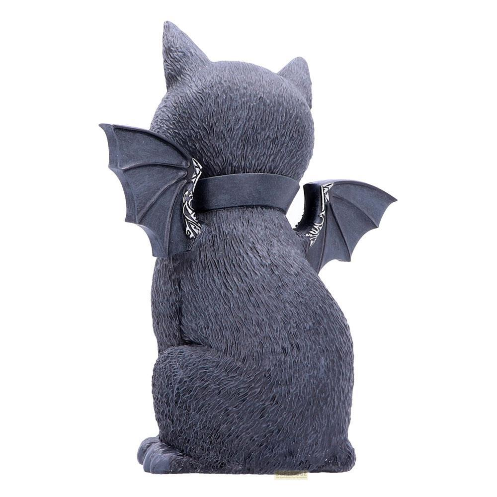 Dunkelgraue Katze mit Fledermausflügeln und einem Halsband, von hinten gesehen.