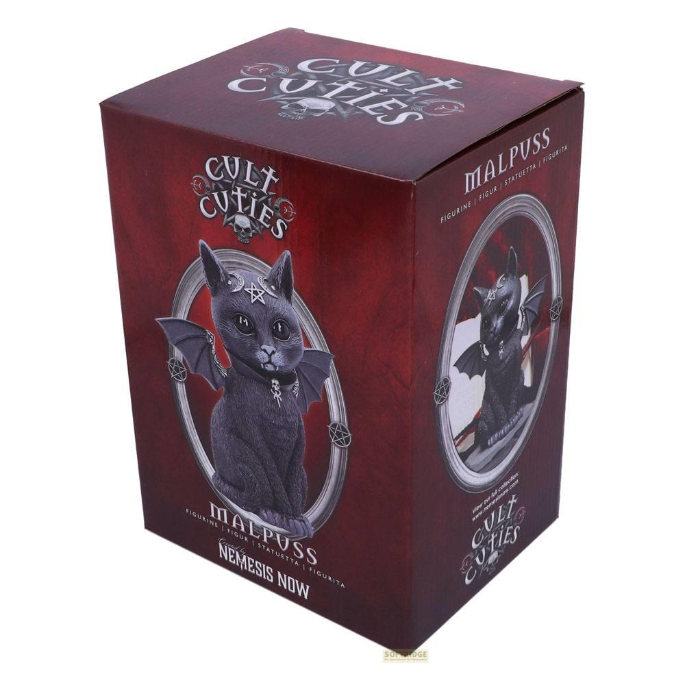 Schwarze Katze mit Flügeln auf einer Box, "CULT CUTIES" steht darauf.