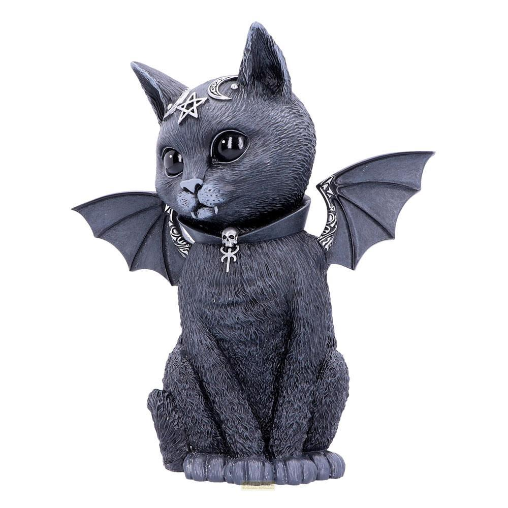 Schwarze Katze Figur mit Flügeln und okkulten Symbolen am Halsband.