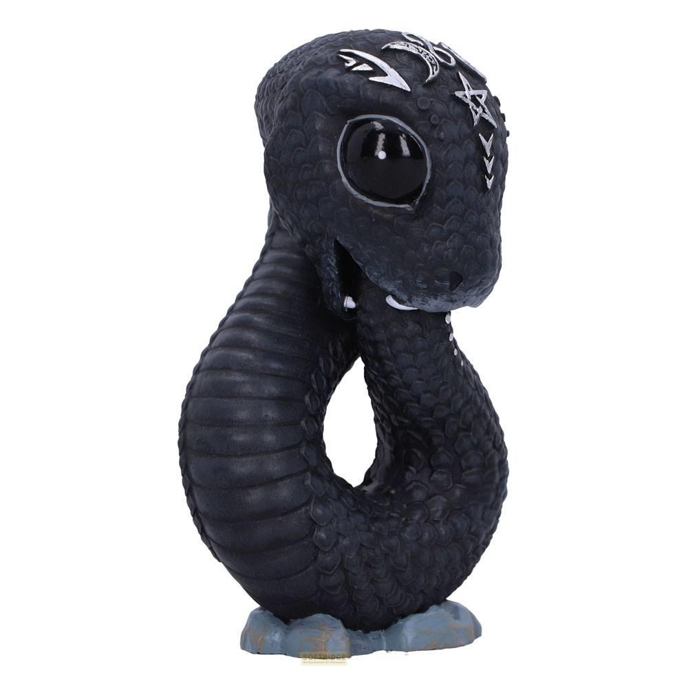Eine schwarze Drachenfigur mit silbernen Verzierungen auf einem grauen Stein.