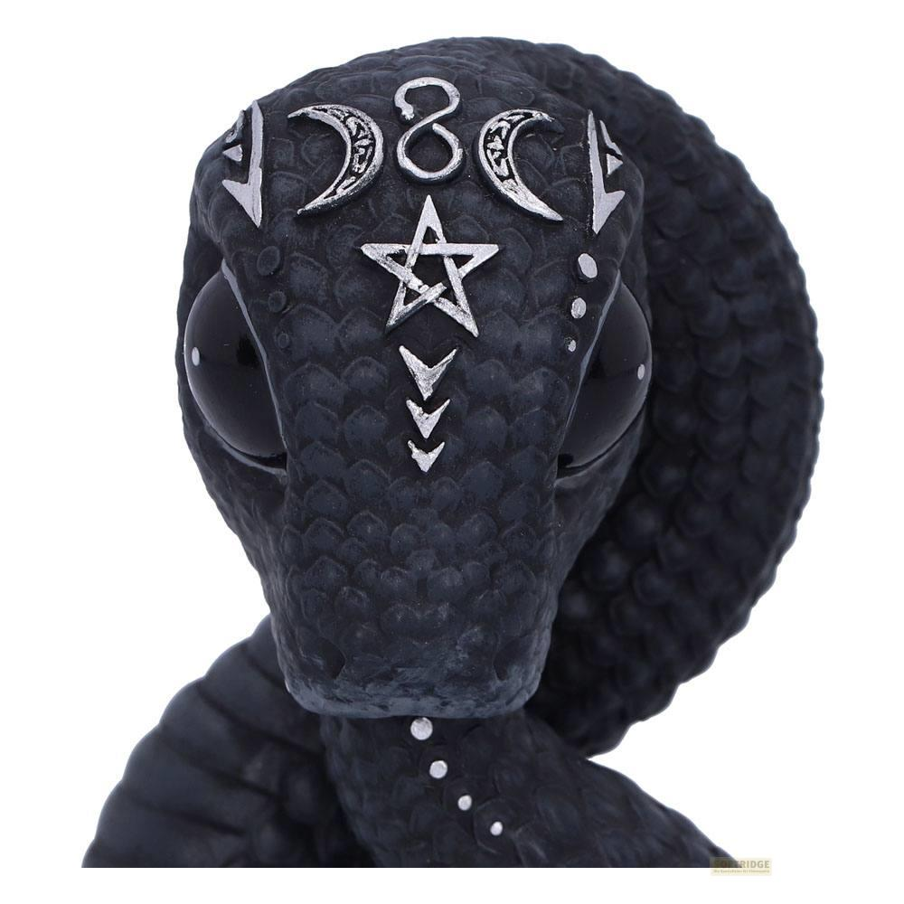 Schwarze Schlange mit silbernen Symbolen: Mondphasen, Stern und Pfeile.