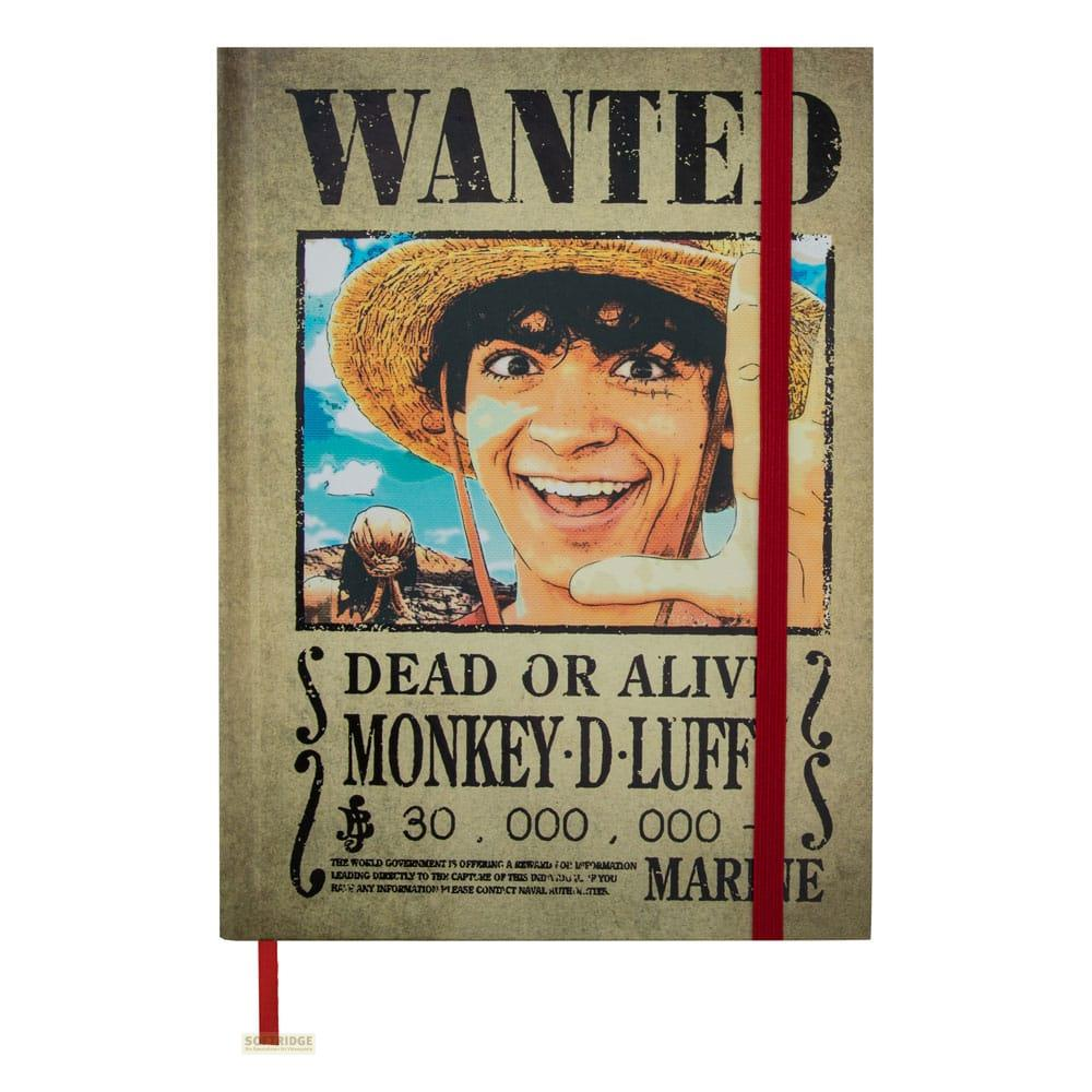 Ein Steckbrief für Monkey D. Luffy mit seinem Gesicht und Kopfgeld. Ein rotes Lesezeichen hält ihn geschlossen.