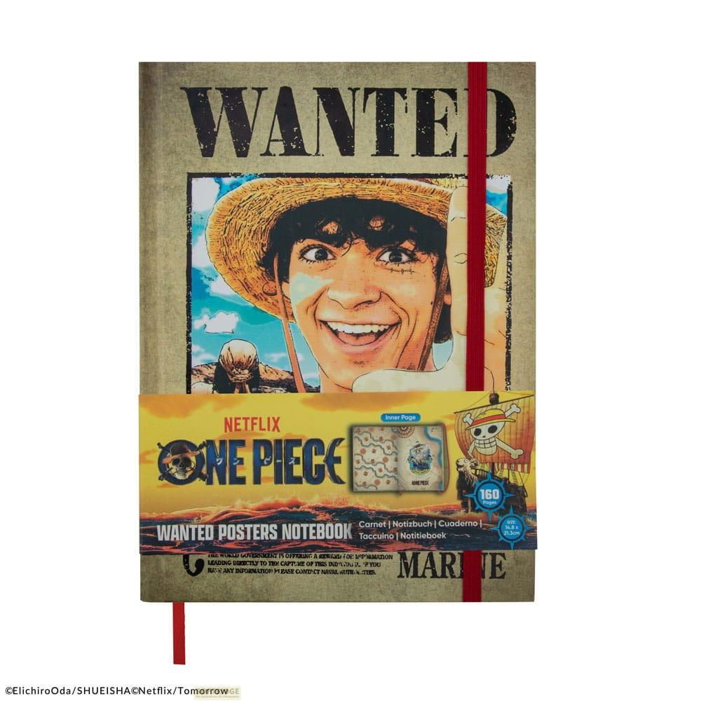 Ein Notizbuch mit einem "WANTED"-Poster von One Piece, Strohhut-Piraten und Luffy.