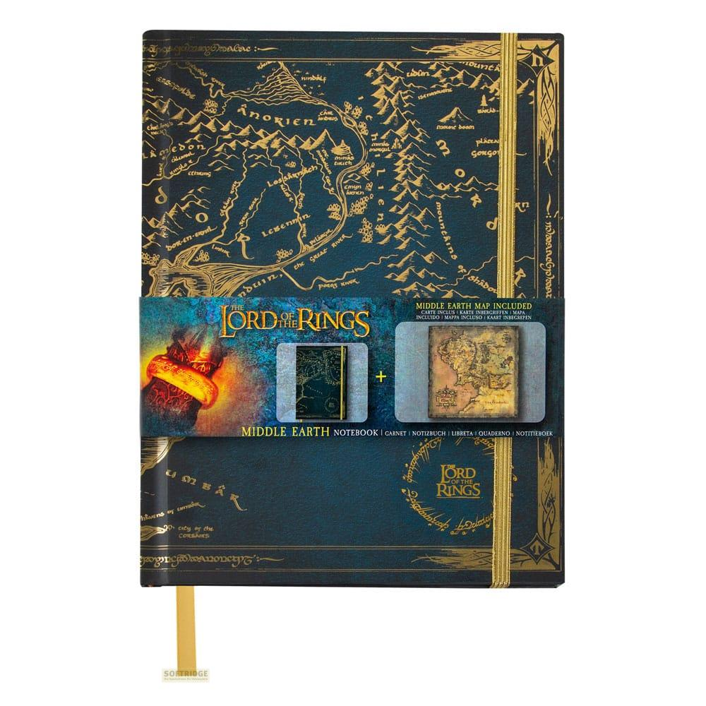 Ein Herr der Ringe Notizbuch mit Karte von Mittelerde. Goldene Schrift auf dunkelblauem Einband.