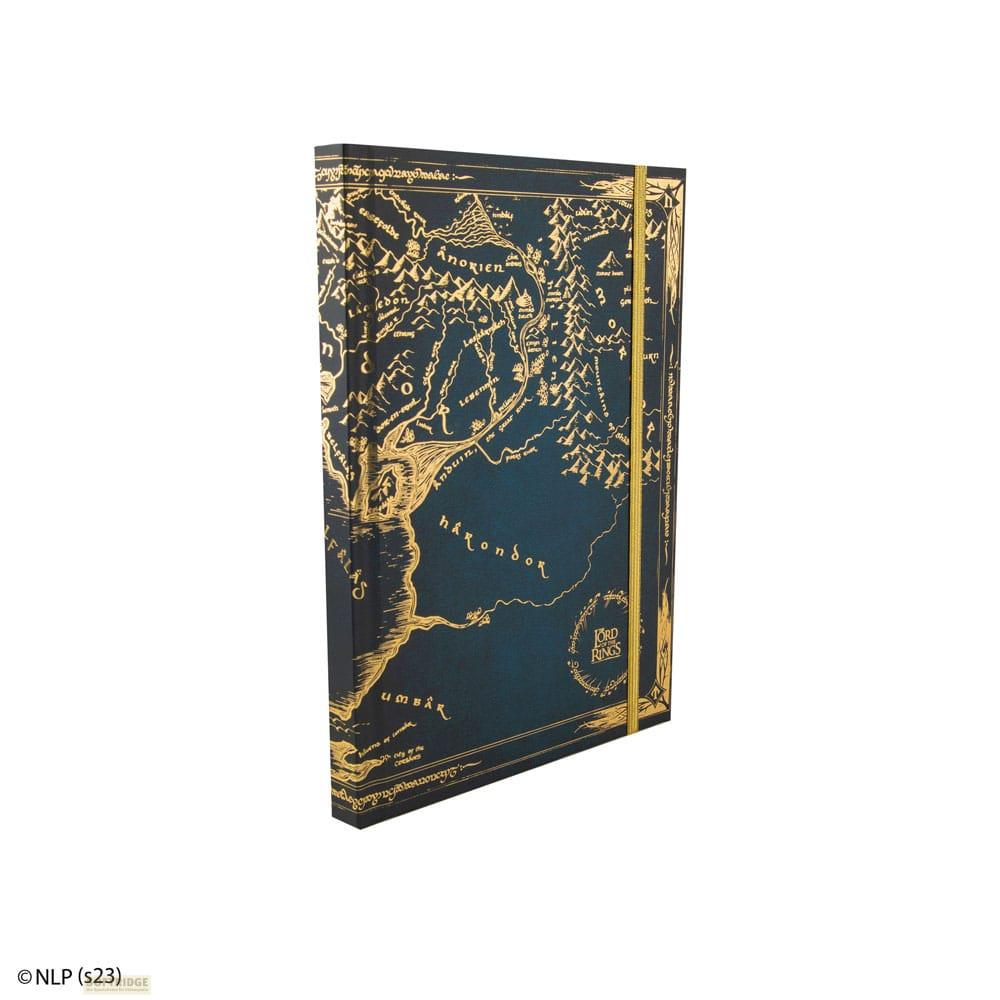 Ein Notizbuch mit einer Karte von Mittelerde in Gold auf blauem Einband.