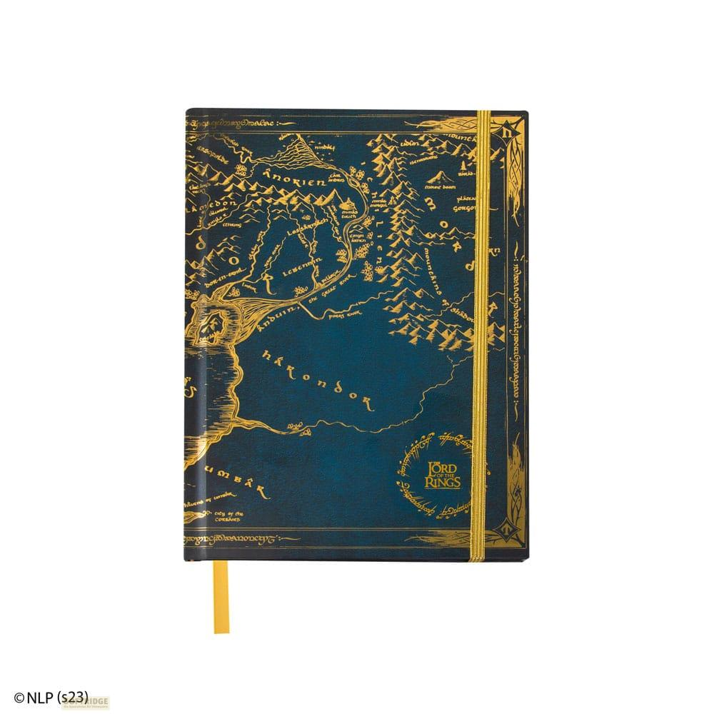 Ein Notizbuch mit einer Karte von Mittelerde im Herr der Ringe-Stil.