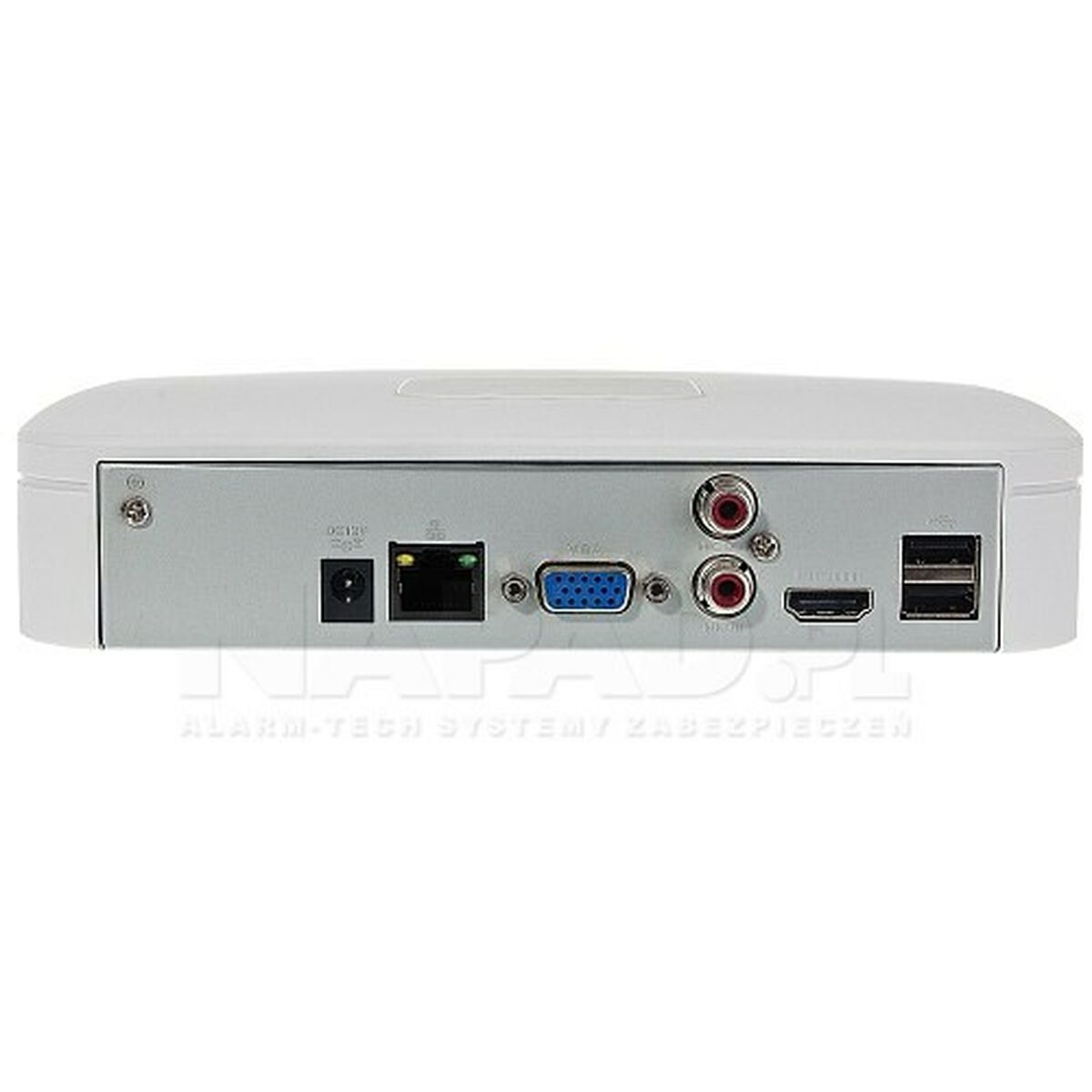 Rückseite eines weißen Geräts mit Anschlüssen: DC-Strom, Ethernet, VGA, Audio, HDMI, USB.