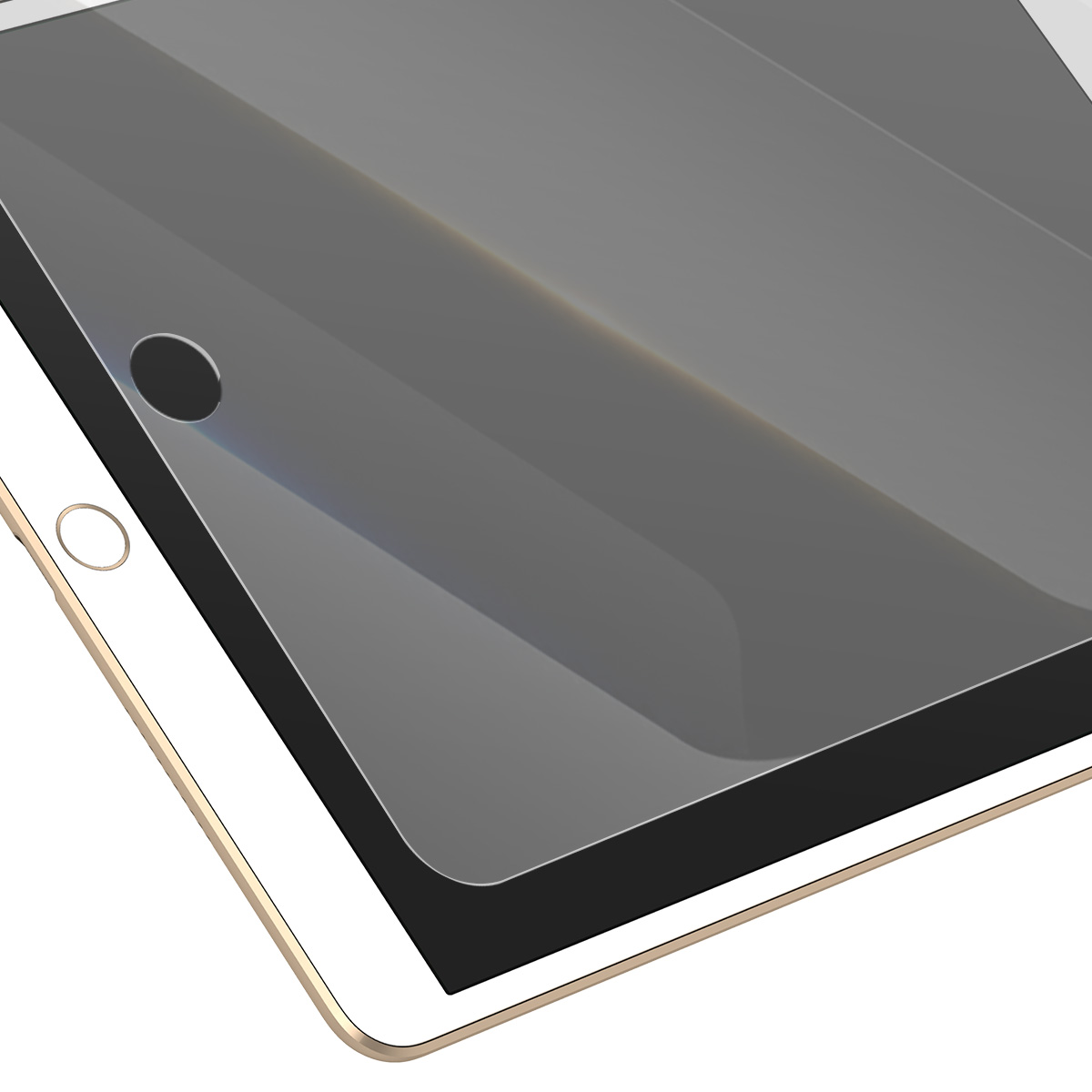 Close-up van een gouden tablet met zwart scherm en homeknop.