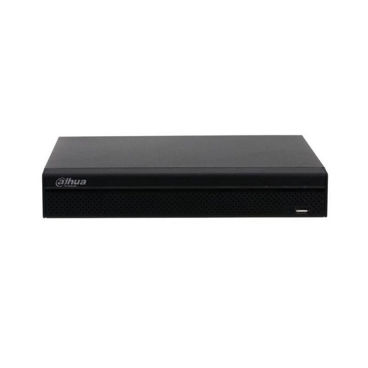Ein schwarzes Dahua DVR-Gerät mit einem perforierten Frontpanel und einem USB-Anschluss.