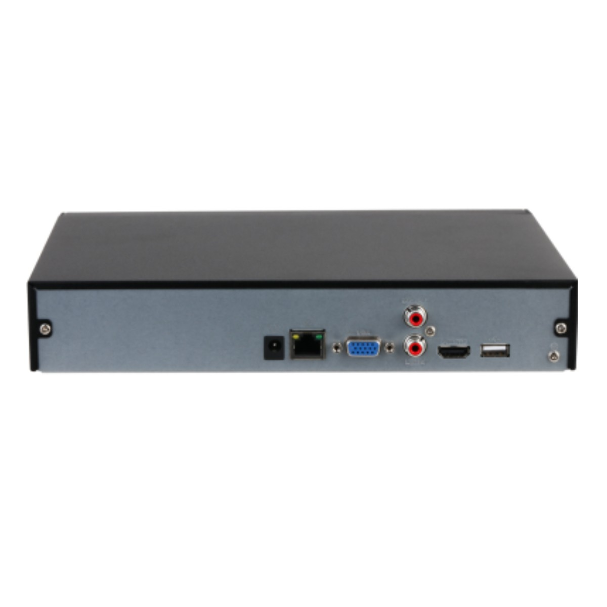 Rückseite eines DVR mit Anschlüssen: Strom, Ethernet, VGA, 2x Cinch, HDMI, USB.