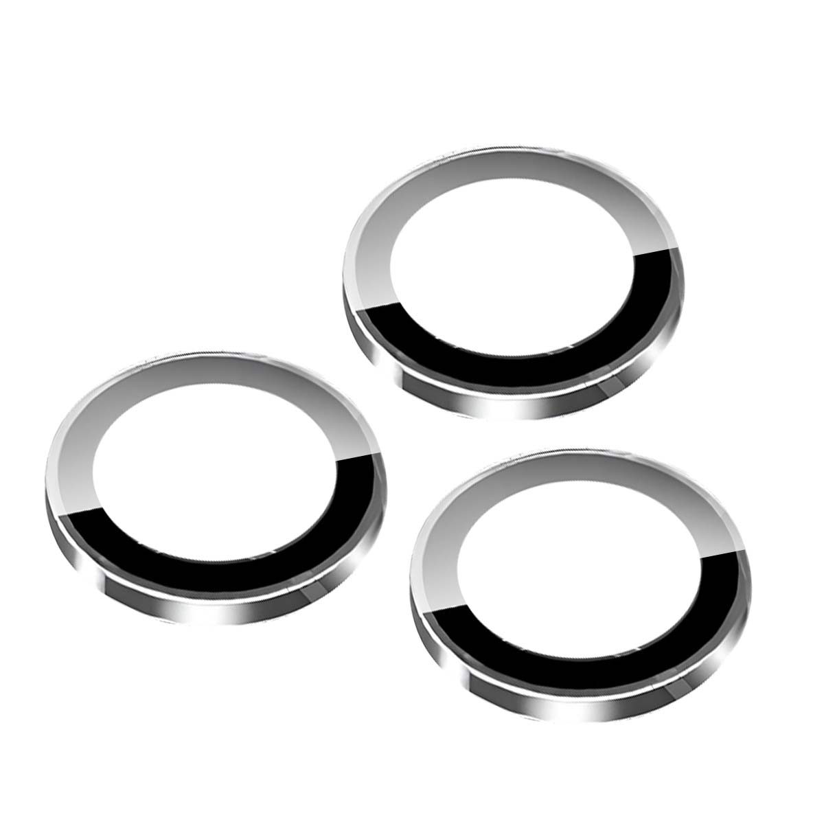 Drie zilveren ringen met zwarte segmenten op witte achtergrond.