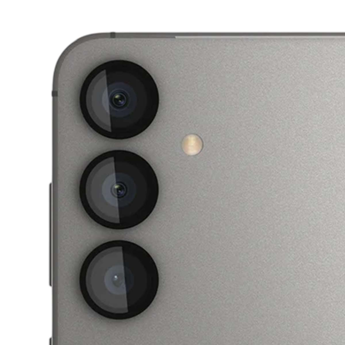 Parte trasera de un smartphone gris con tres lentes de cámara y flash.