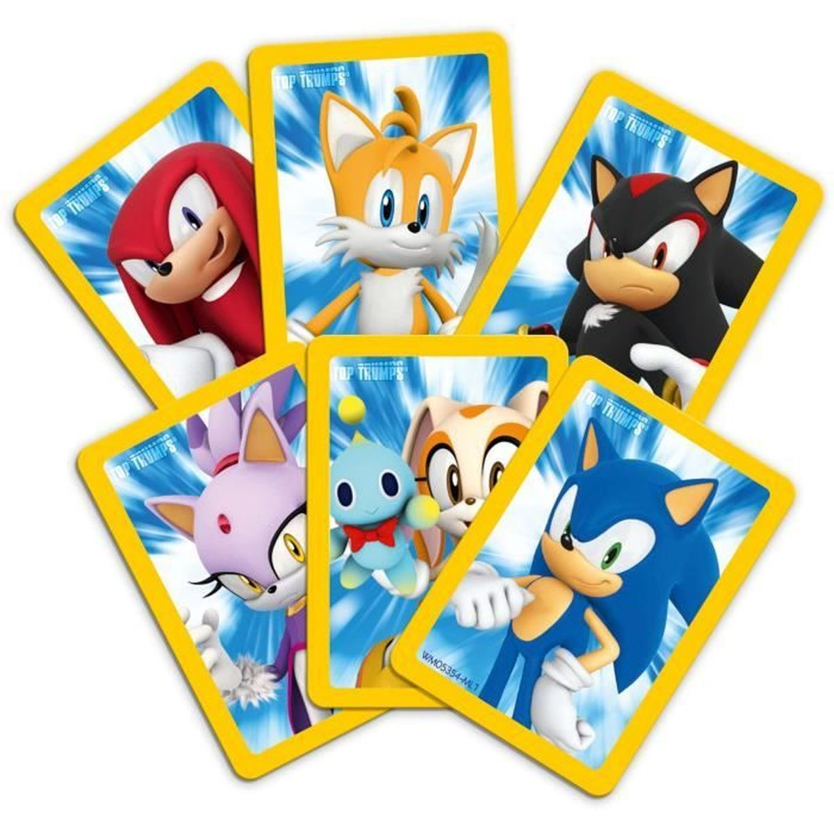 Sonic Charaktere auf Top Trumps Karten: Sonic, Tails, Knuckles, Shadow, Blaze, Cream, Cheese.