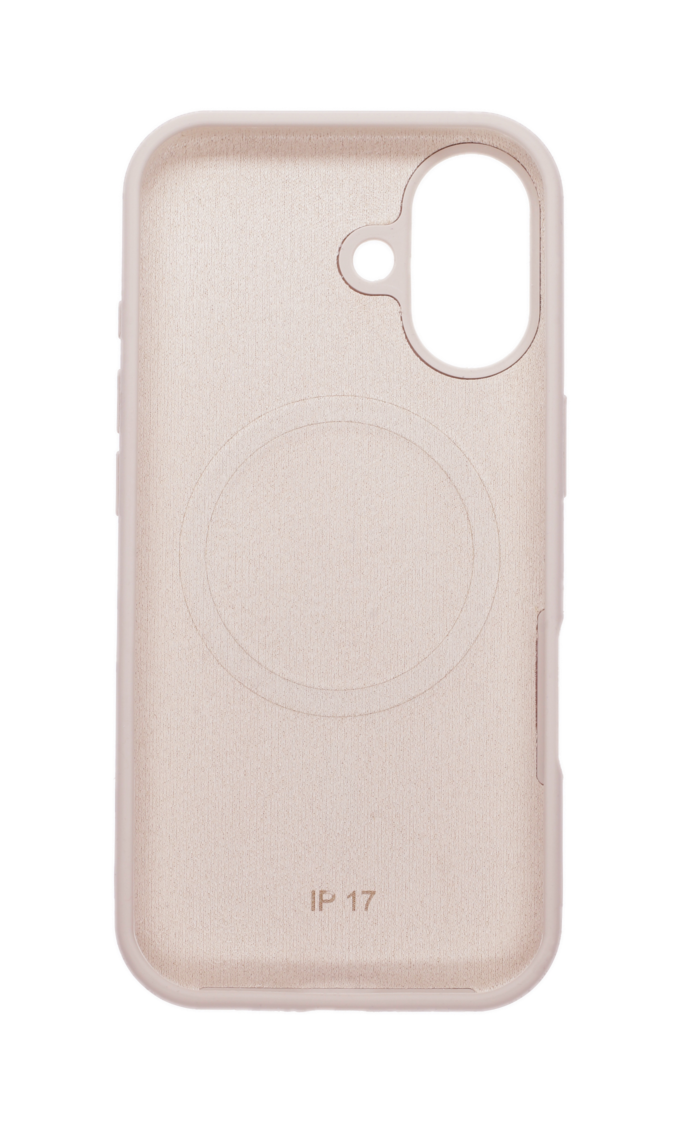 Eine beige Handyhülle mit Aussparungen für Kamera und Tasten.