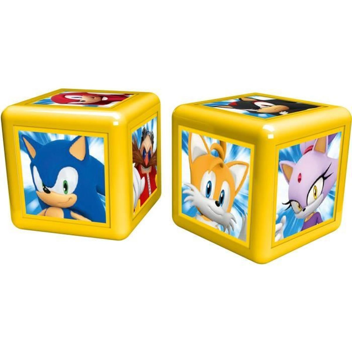 Zwei gelbe Würfel mit Sonic-Figuren: Sonic, Tails, Dr. Eggman, Blaze.