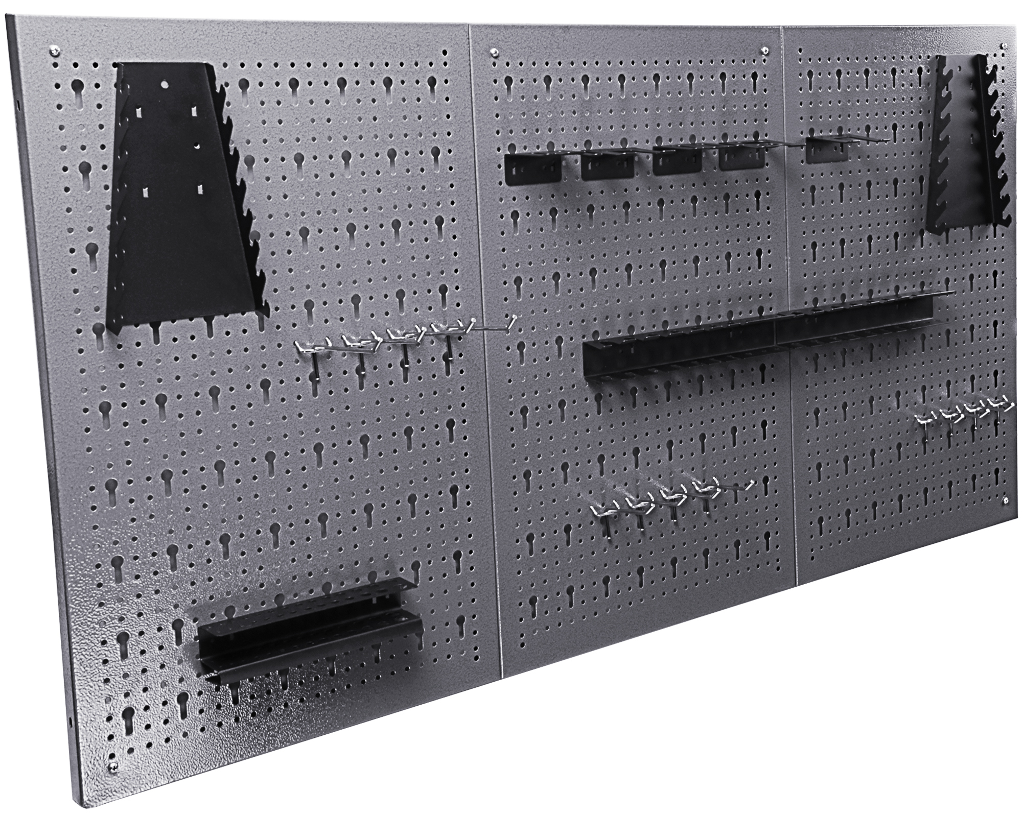 Graue Lochwand mit Werkzeughaltern und Haken.