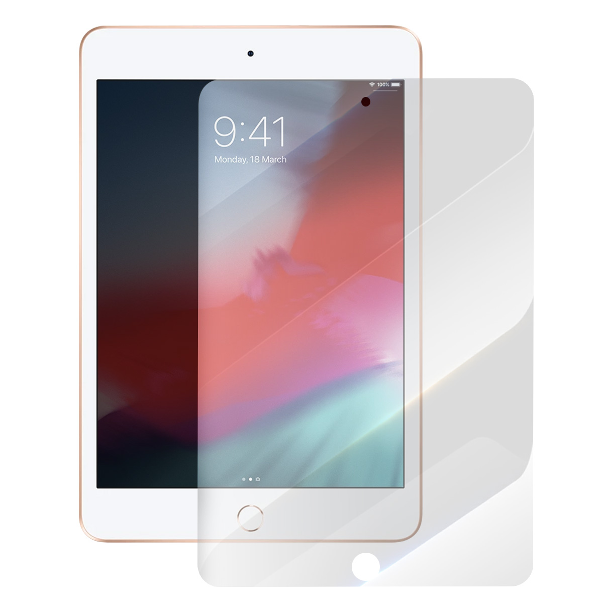 Un tablet oro chiaro con una protezione per lo schermo sul display.
