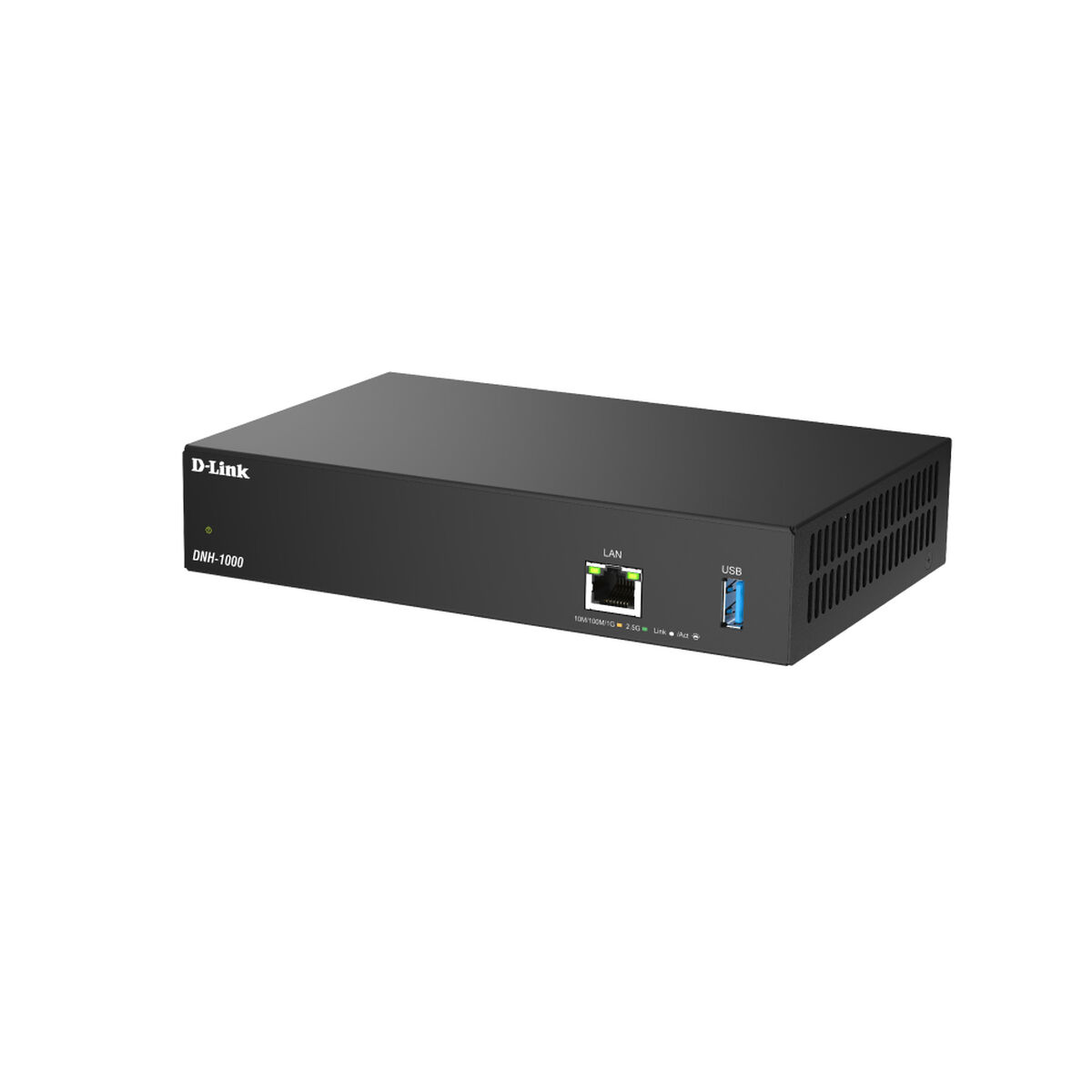 Dispositivo D-Link DNH-1000 nero con porte LAN e USB su sfondo bianco.