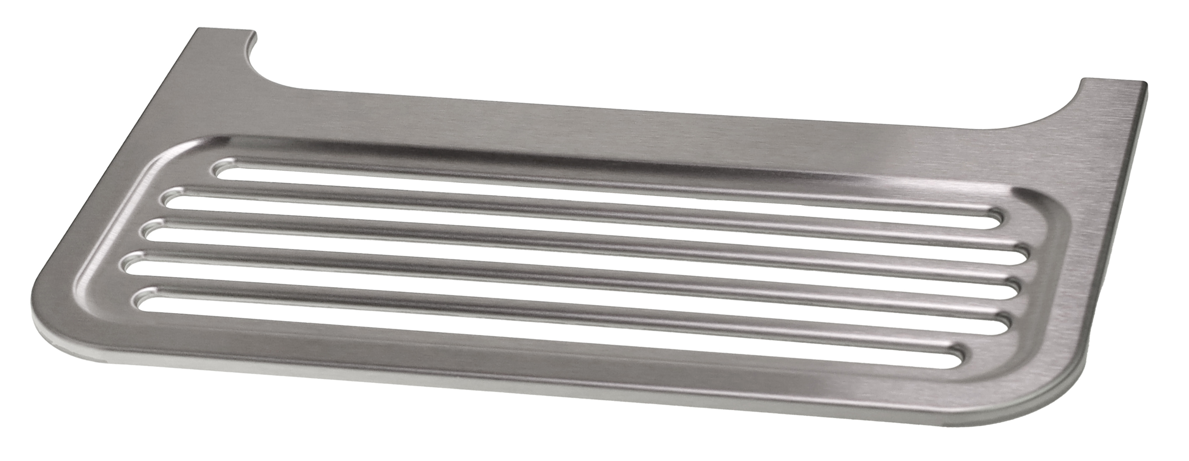Eine gebürstete Metall-Seifenschale mit Schlitzen für Wasserablauf.