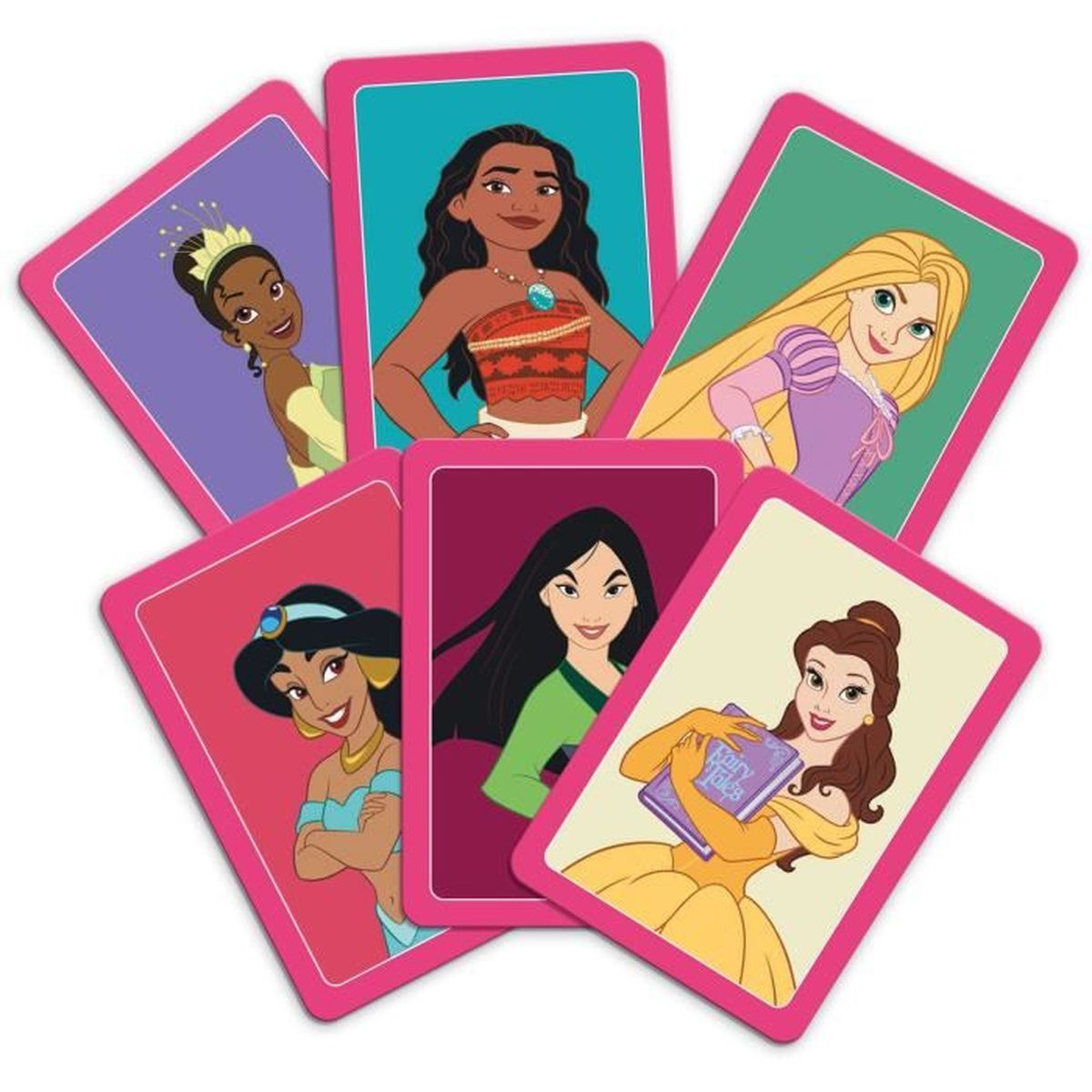 Sechs Märchen-Karten mit Prinzessinnen: Tiana, Moana, Rapunzel, Jasmine, Mulan, Belle.