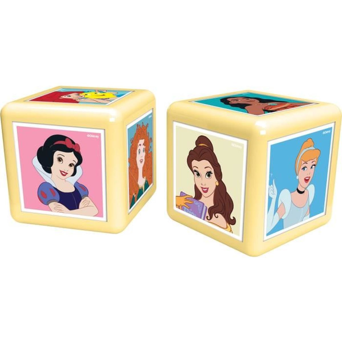 Zwei gelbe Würfel mit Disney-Prinzessinnen-Bildern. Schneewittchen, Merida, Belle, Aschenputtel.