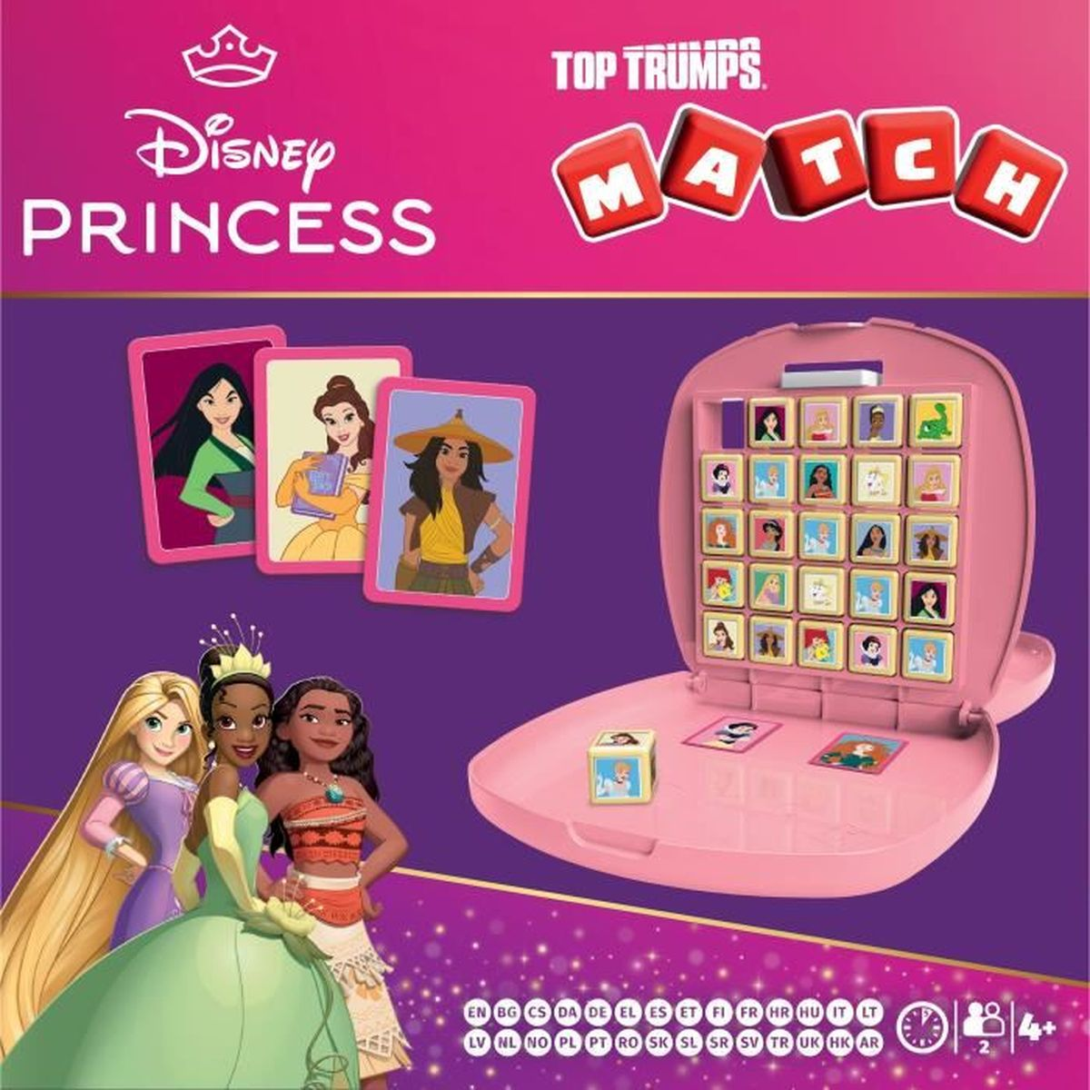 Disney Prinzessinnen Match-Spiel mit Karten und Würfel auf einem lila Hintergrund.