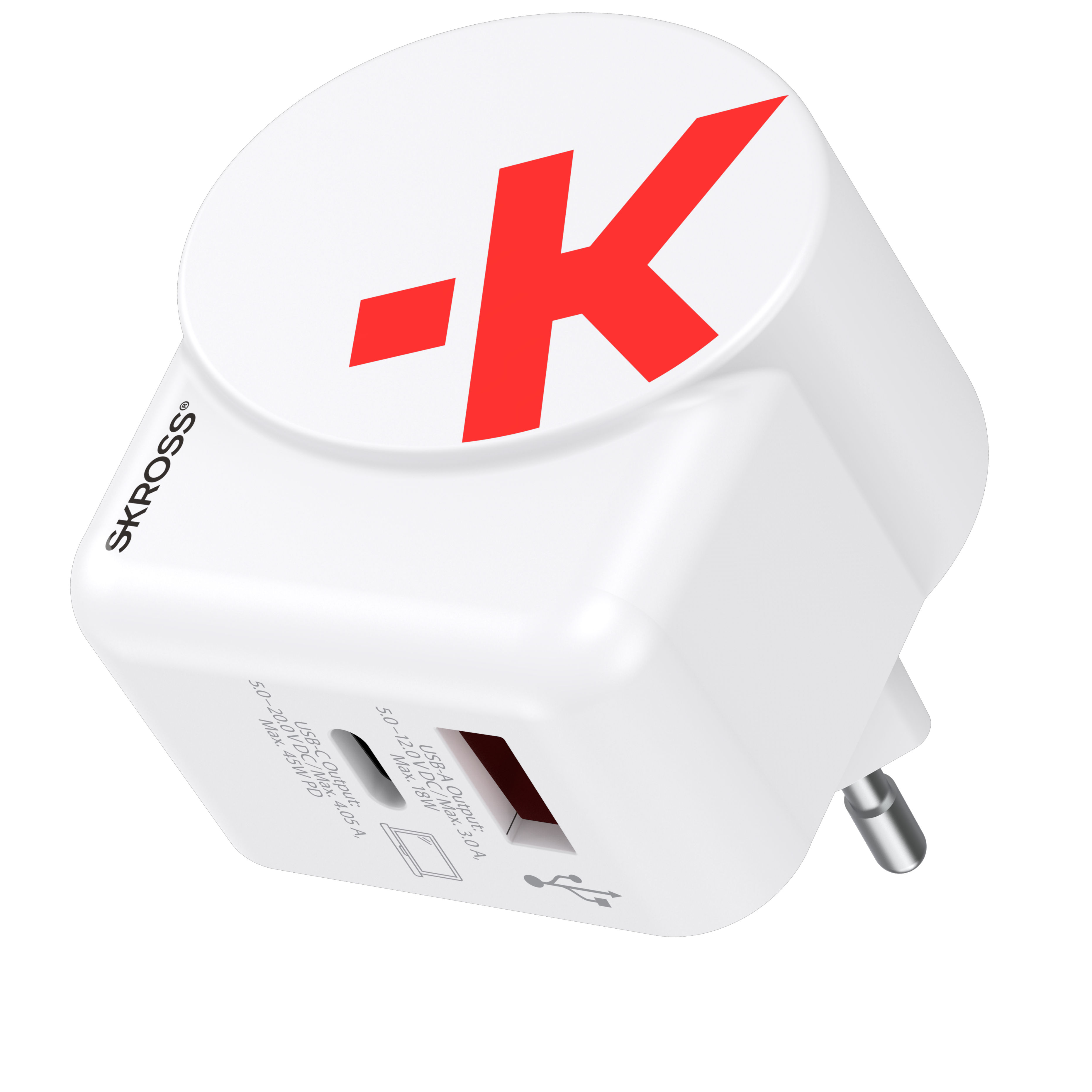 Un caricatore USB-C bianco con logo K rosso di SKROSS.