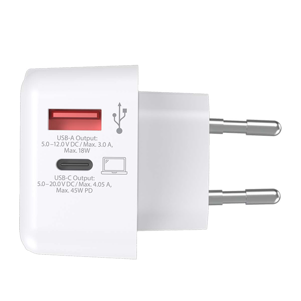 Adattatore caricabatterie USB bianco con porte USB-A e USB-C e specifiche.