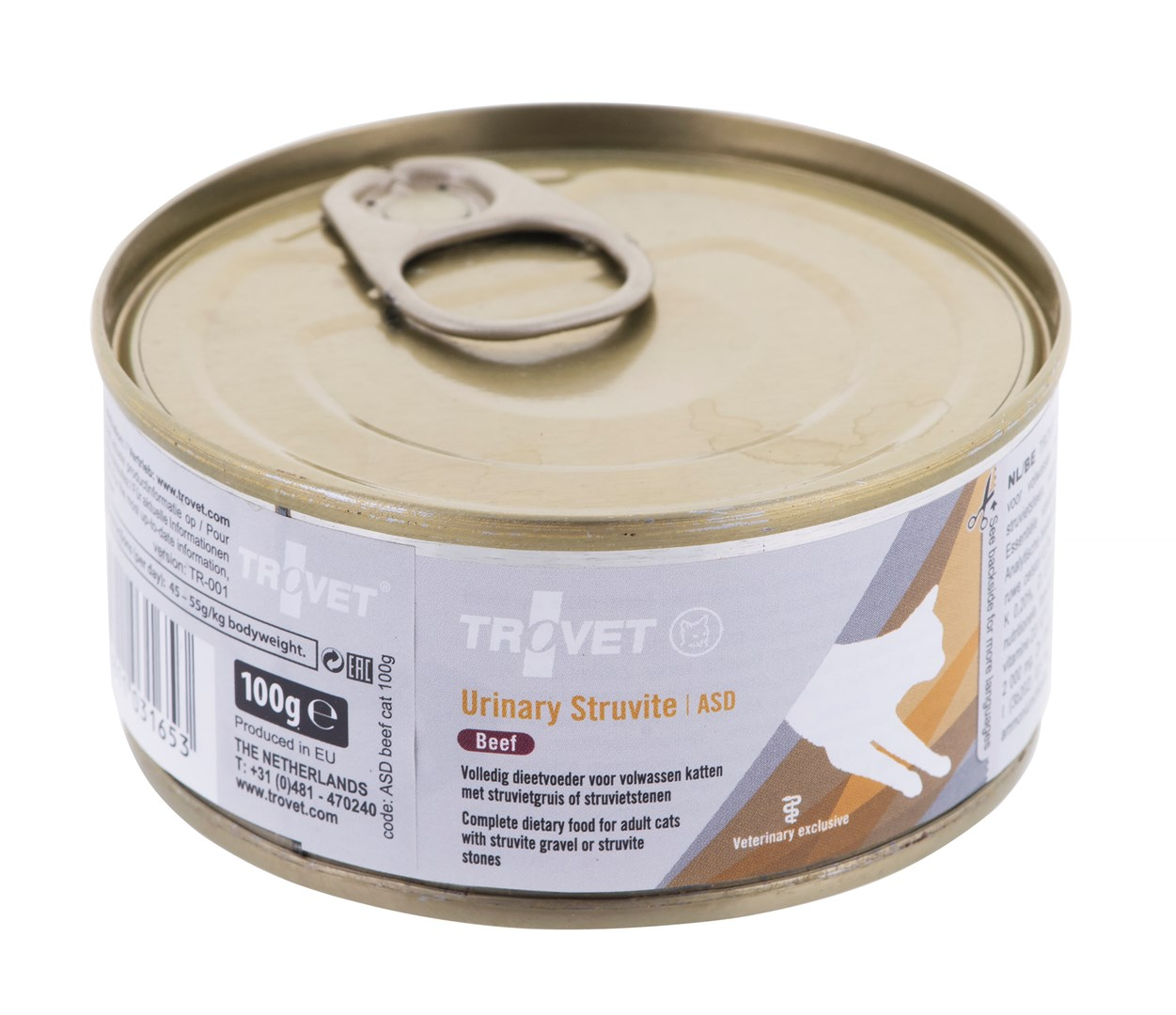 Una lata cerrada de 100g de comida para gatos Trovet Urinary Struvite ASD de ternera.