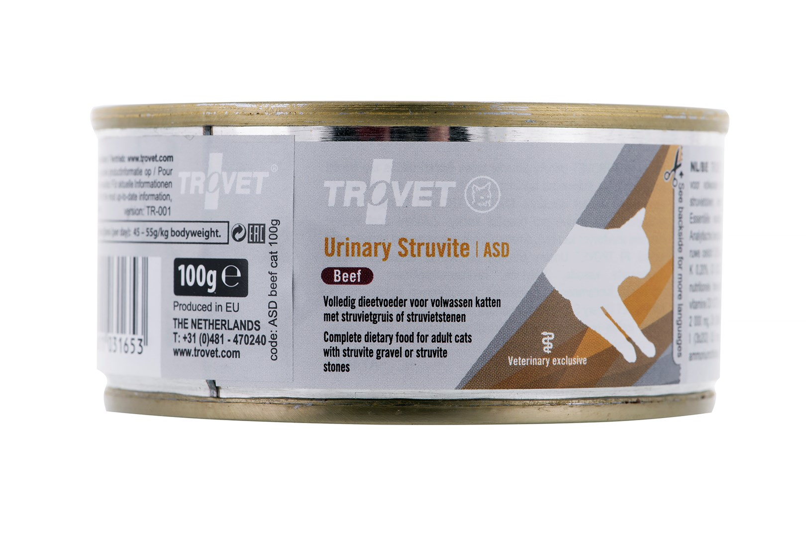 Trovet Urinary Struvite ASD comida para gatos de ternera, lata de 100g. Alimento dietético para gatos adultos.