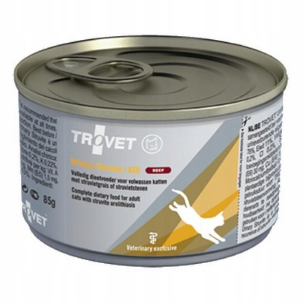 Una lata plateada de comida para gatos con la etiqueta TROVET Urinary Struvite.