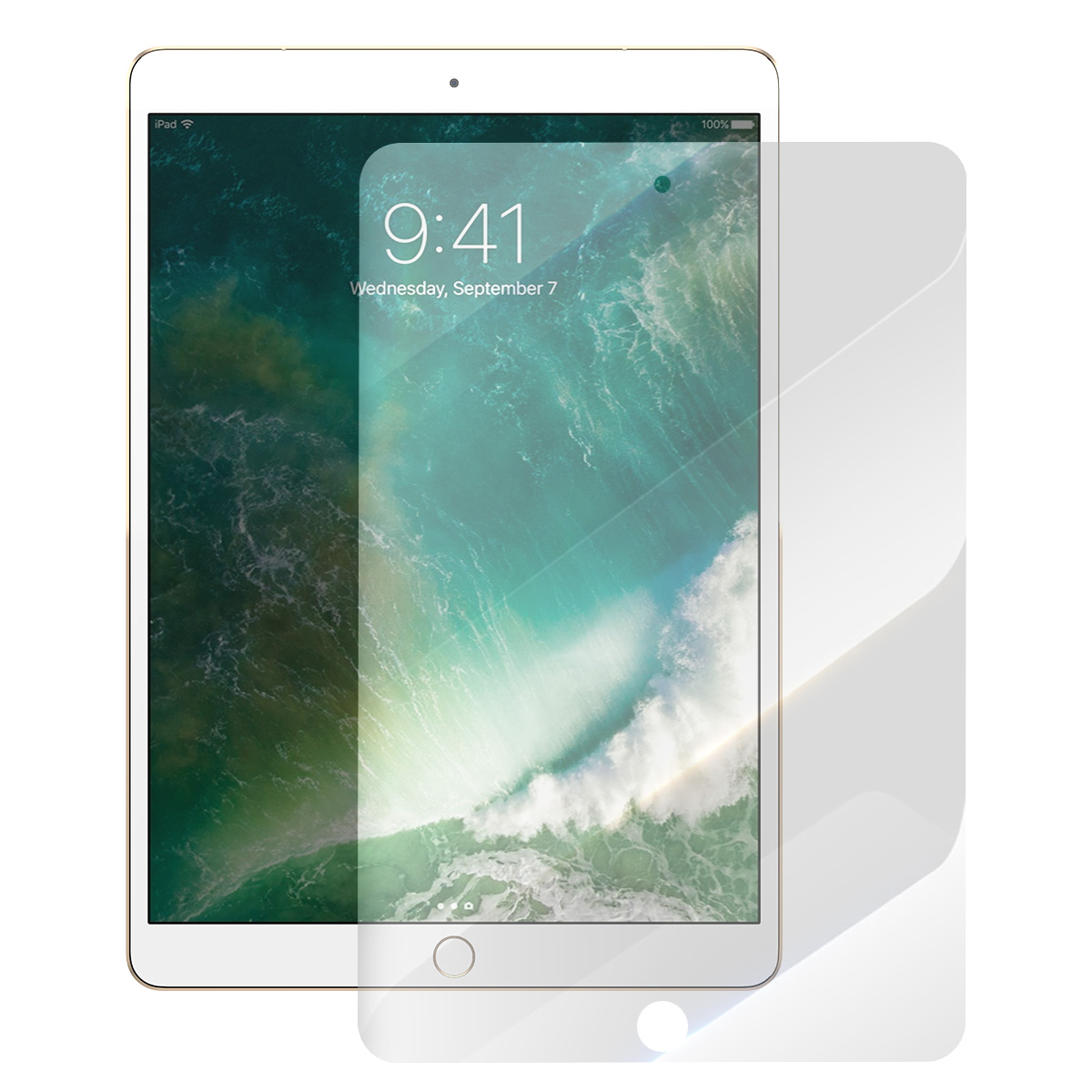 Un tablet con immagine di onde e pellicola protettiva.