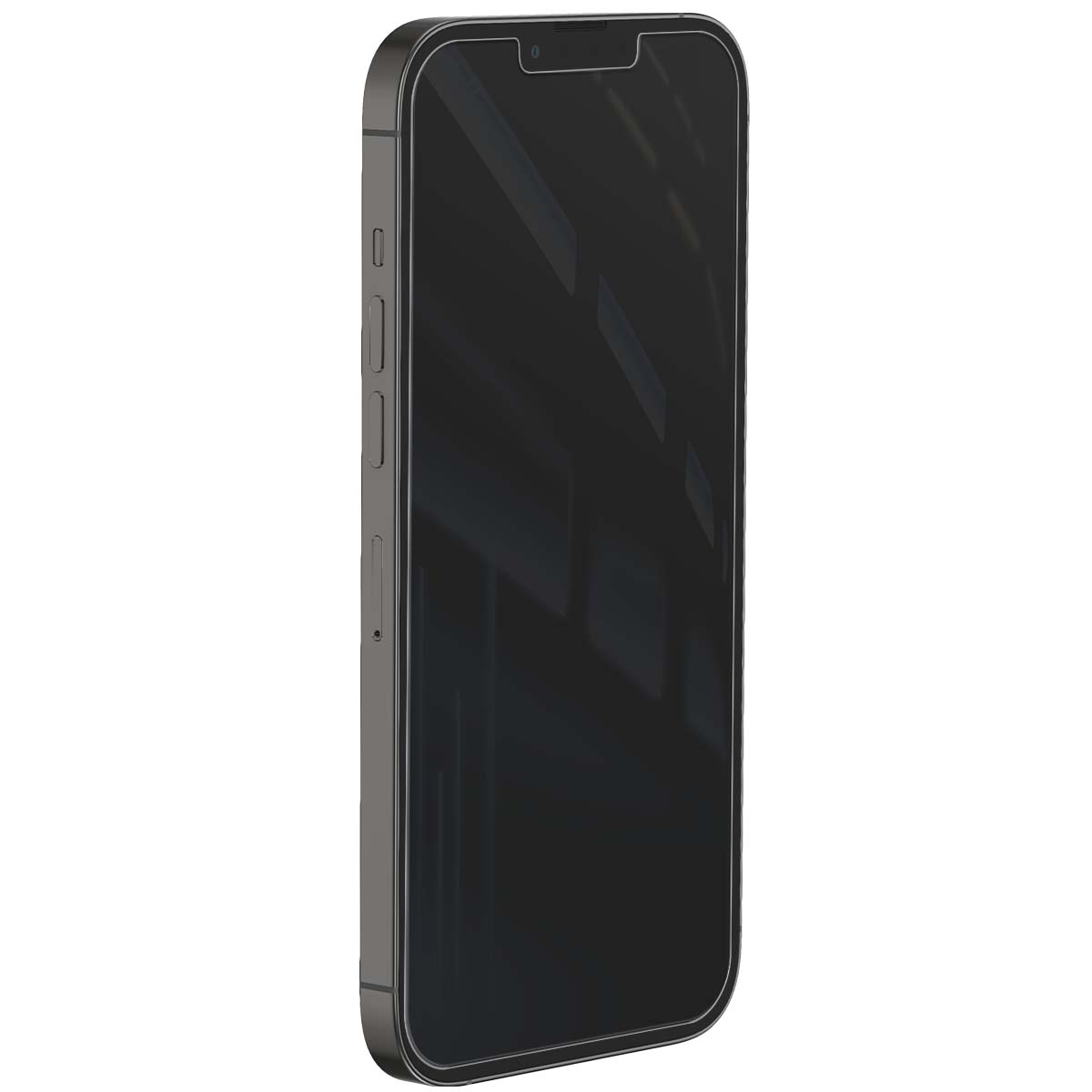 Een donkere smartphone met zilveren frame staat op witte achtergrond.
