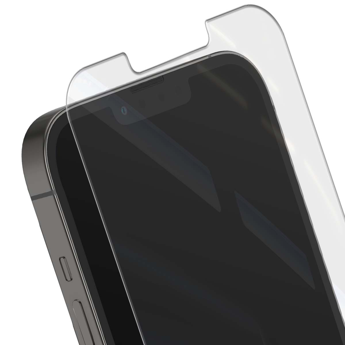 Een screenprotector wordt op een donkere smartphone geplaatst.