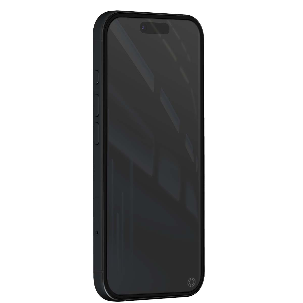 Un smartphone noir aux coins arrondis, avec des boutons latéraux et une découpe pour la caméra.