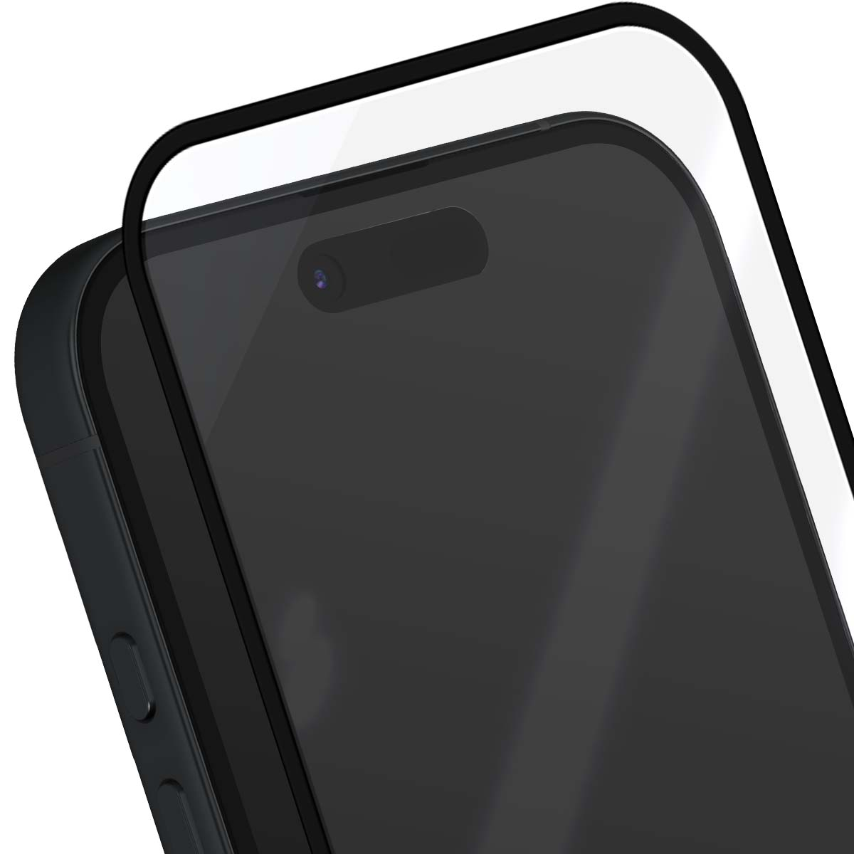 Un smartphone noir avec protecteur d'écran. Gros plan de la partie supérieure.
