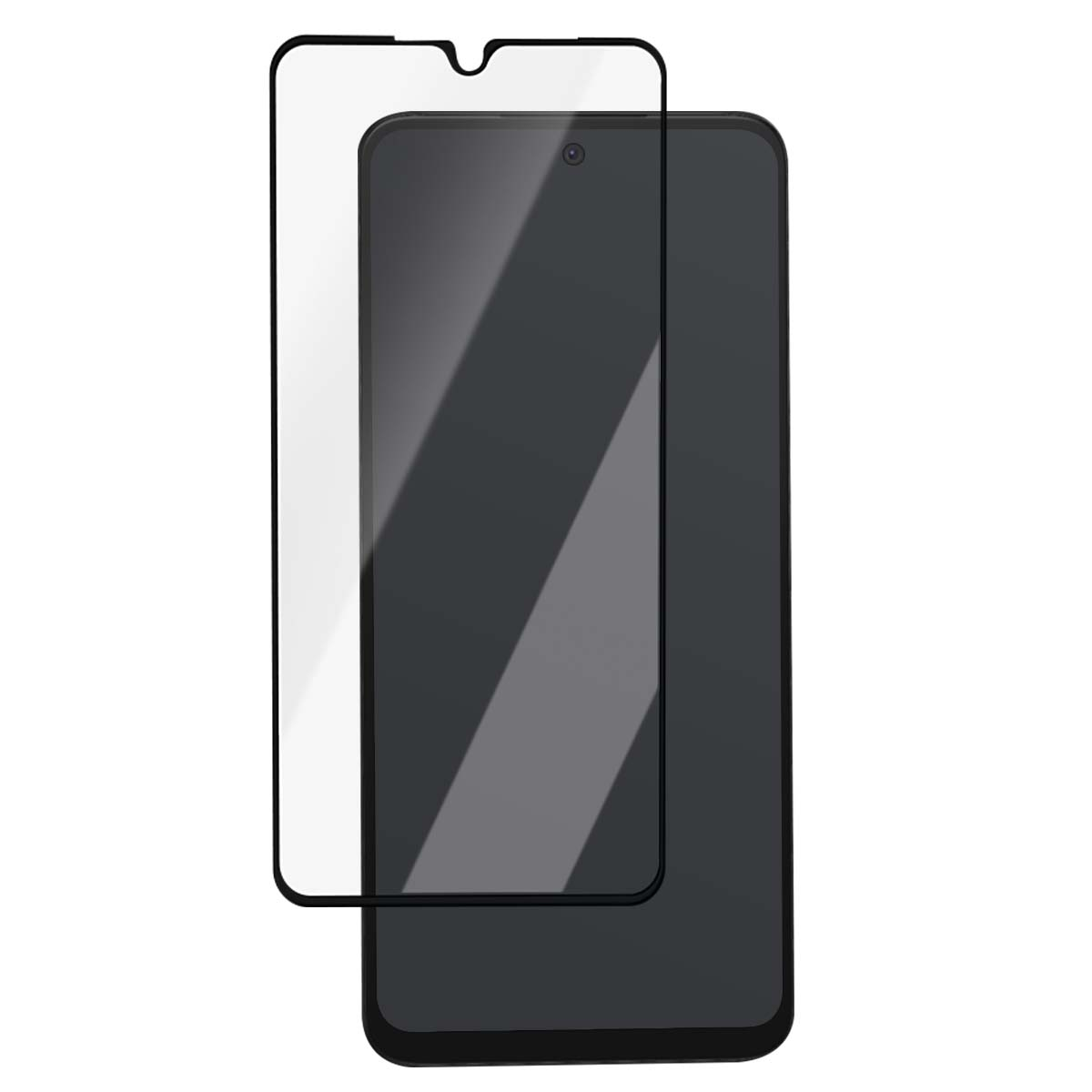 Un smartphone noir avec un protecteur d'écran transparent par-dessus.