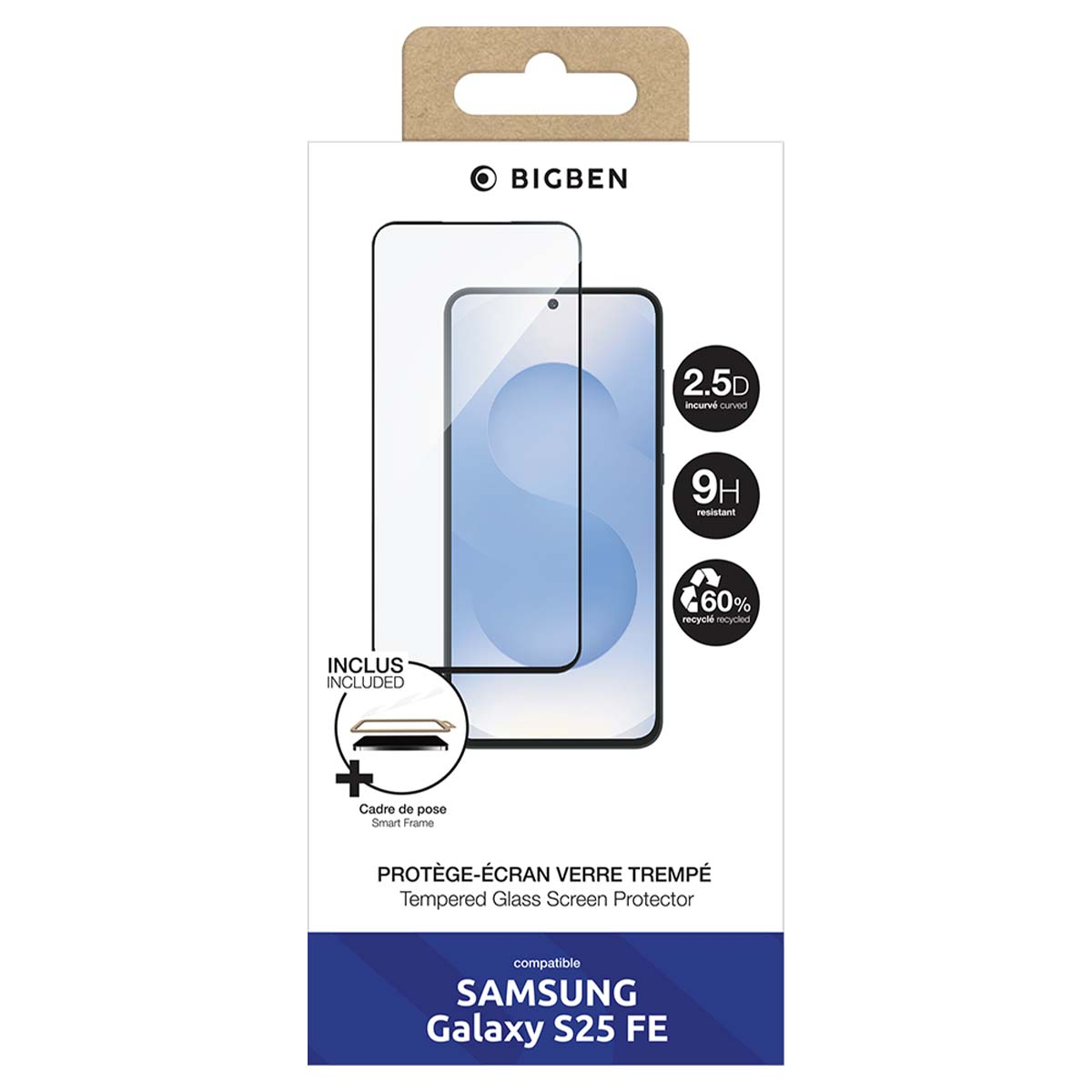 Verpakking voor een screenprotector van gehard glas voor Samsung Galaxy S25 FE.