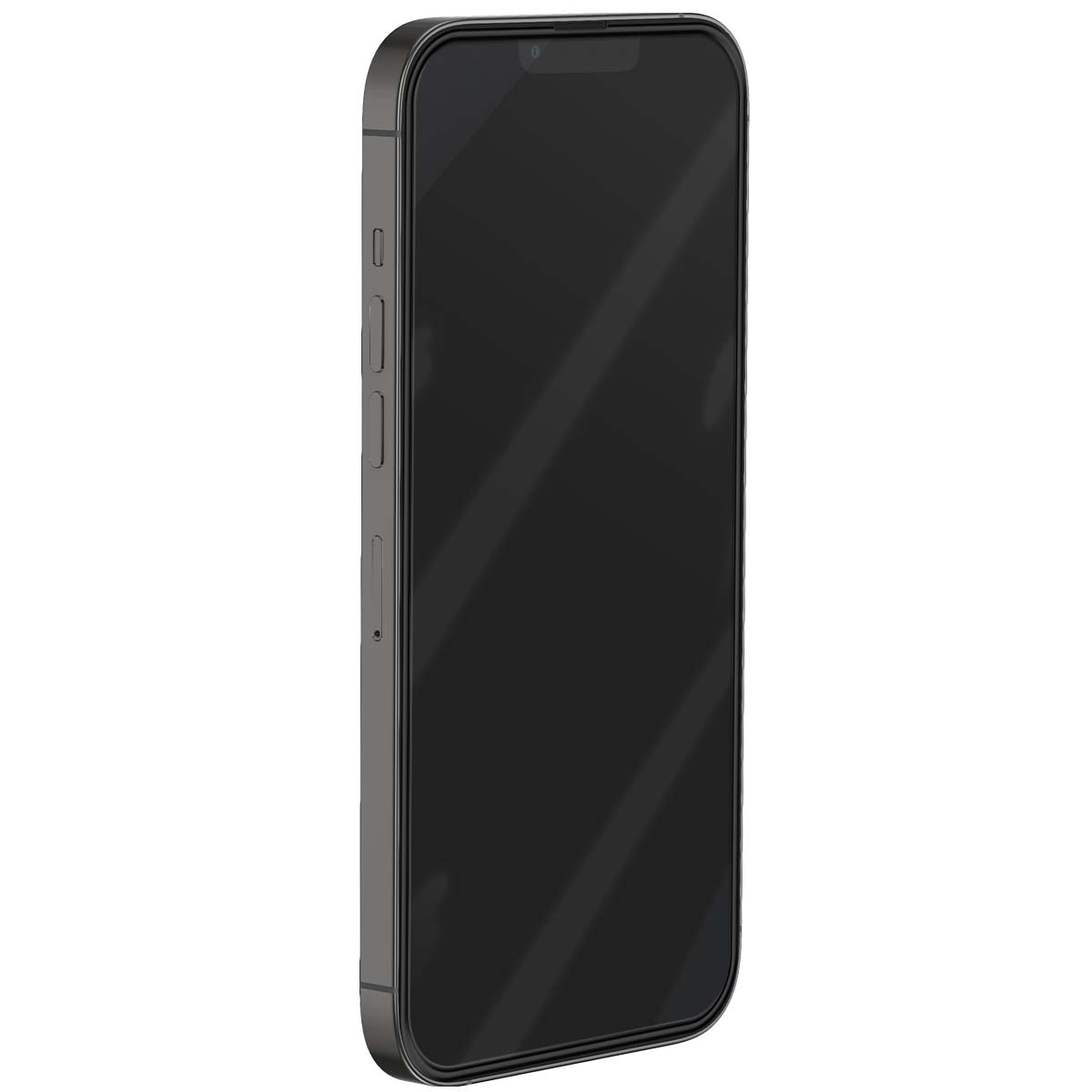Een grijze smartphone met een zwart scherm, van de zijkant gezien.