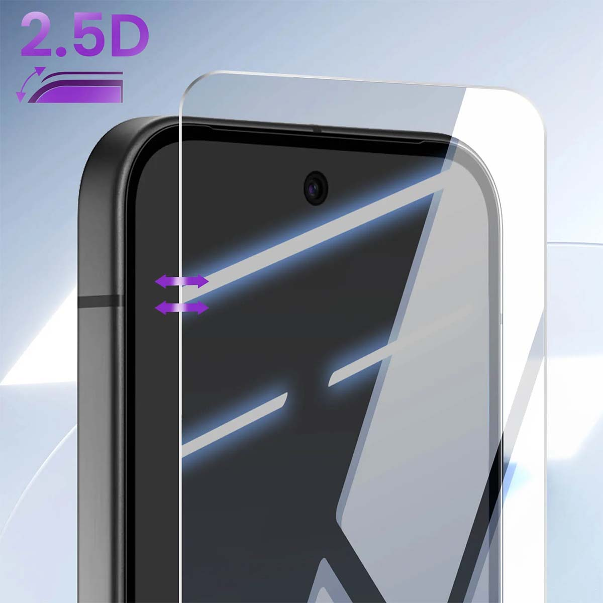 Close-up van een 2.5D-schermprotector die op een smartphone wordt geplaatst.