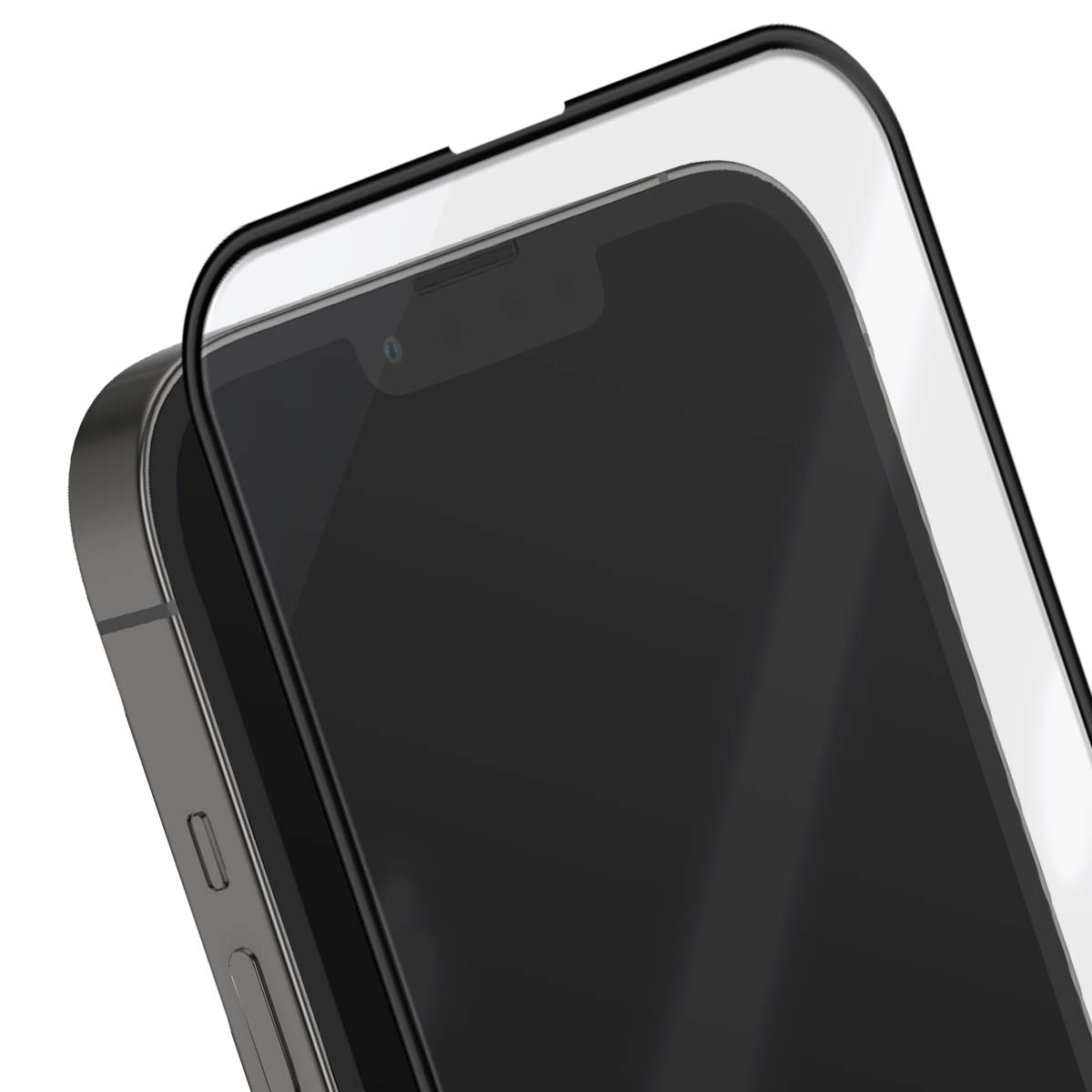 Close-up van een smartphone met een schermprotector die over de rand steekt.