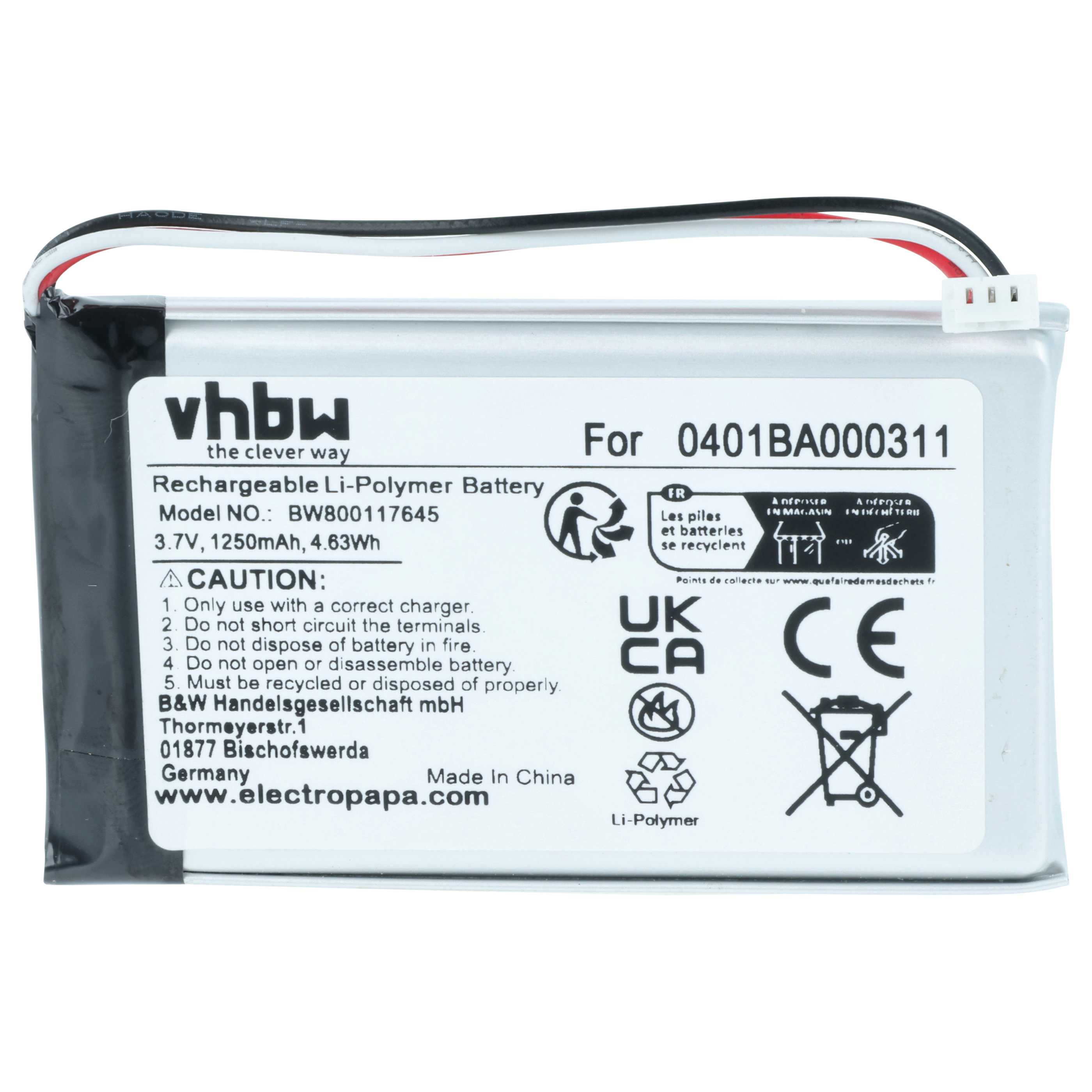 Weißer Li-Polymer-Akku von vhbw mit schwarzem Kabel und Anschlüssen.