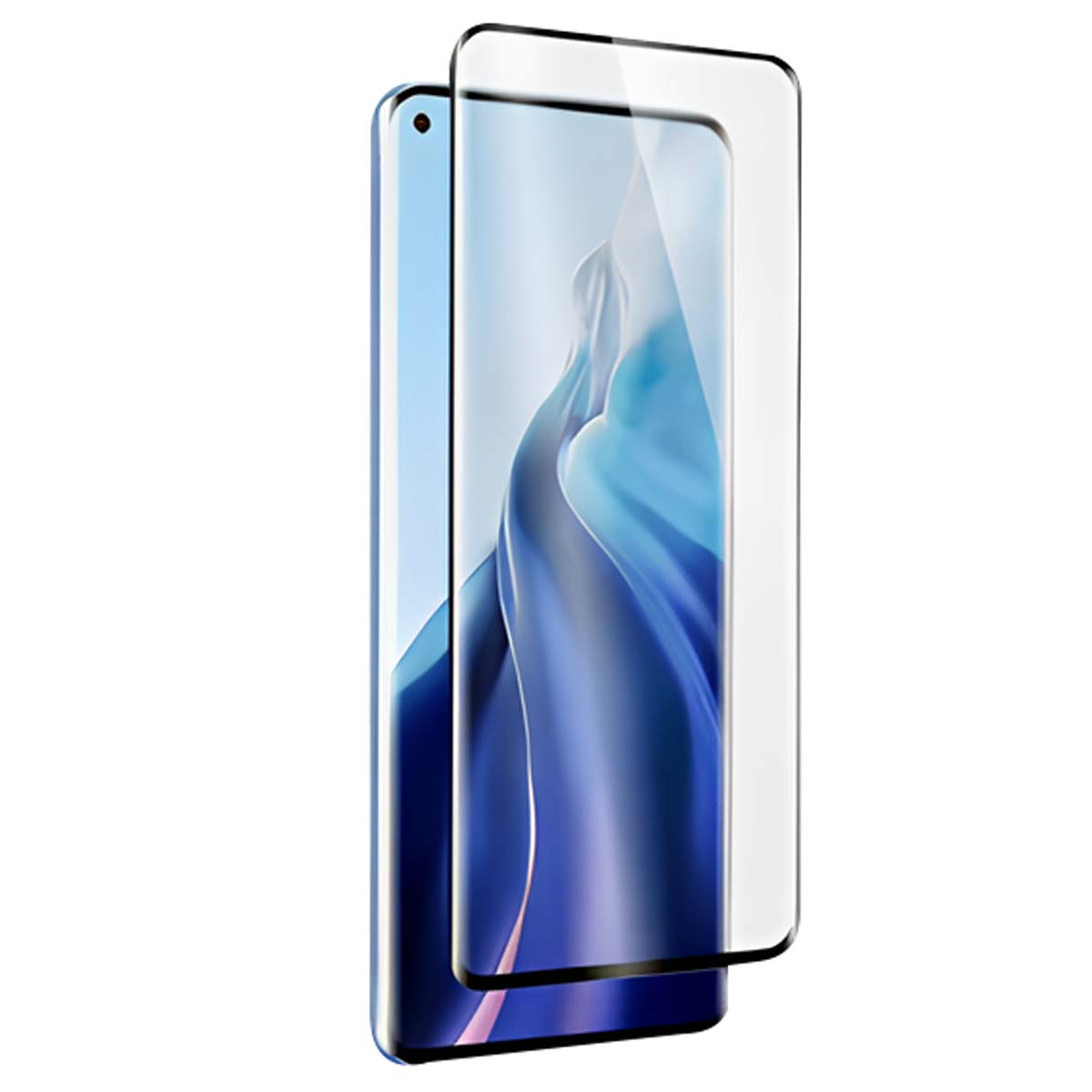 Uno smartphone blu con proteggi schermo su sfondo bianco.