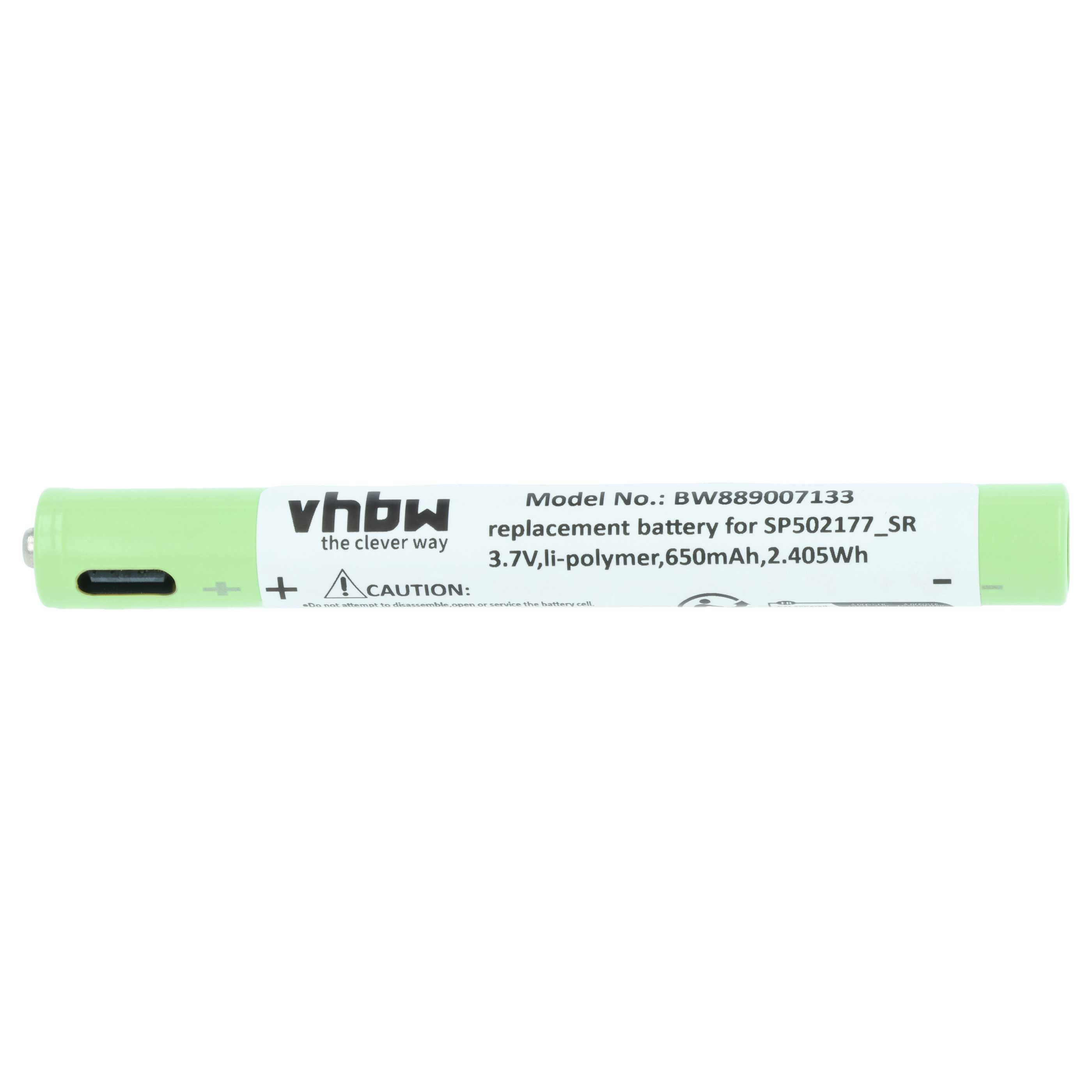 Grüne Batterie mit schwarzem Aufdruck, 3.7V, 650mAh.