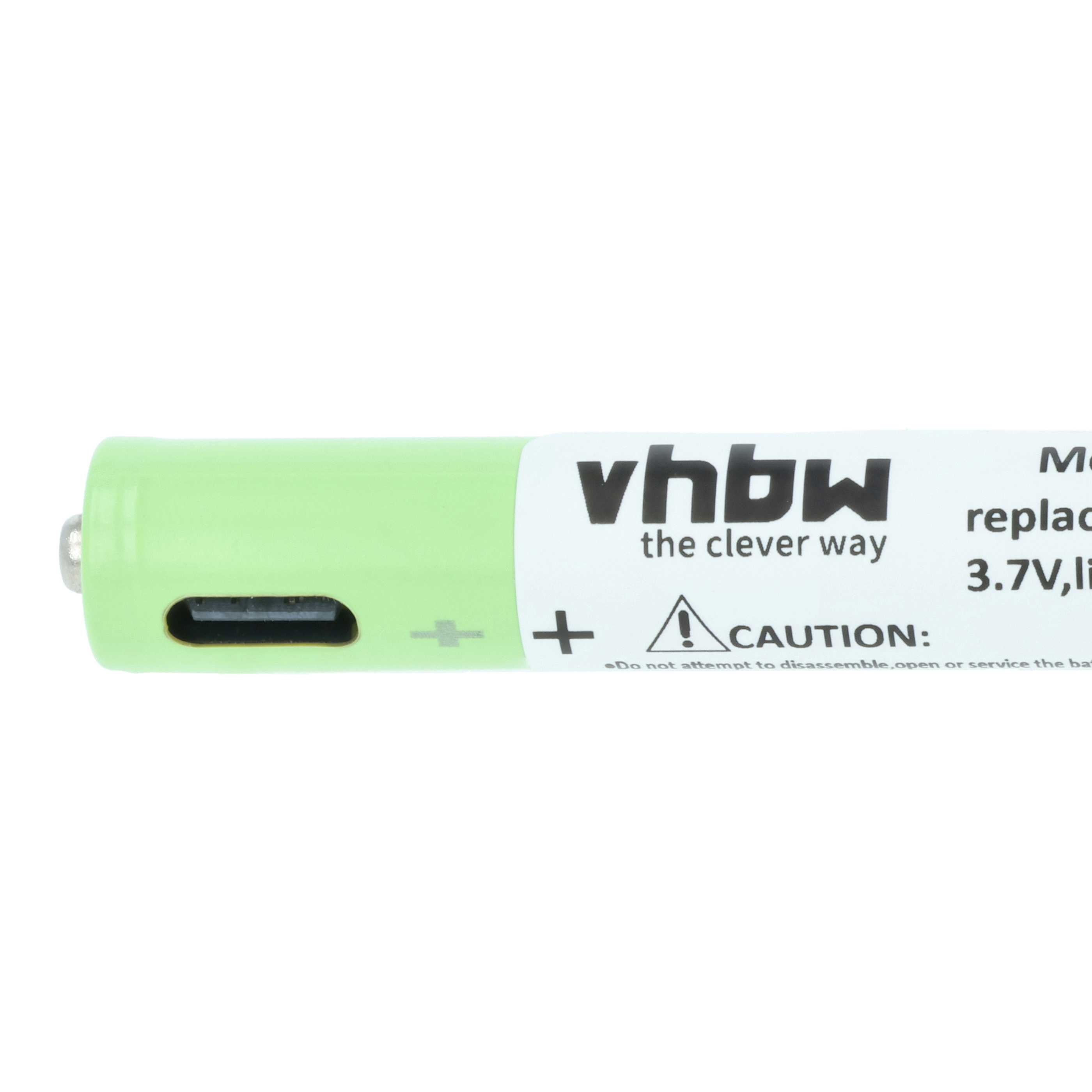 Eine grüne Batterie mit USB-C-Anschluss und Warnhinweisen.