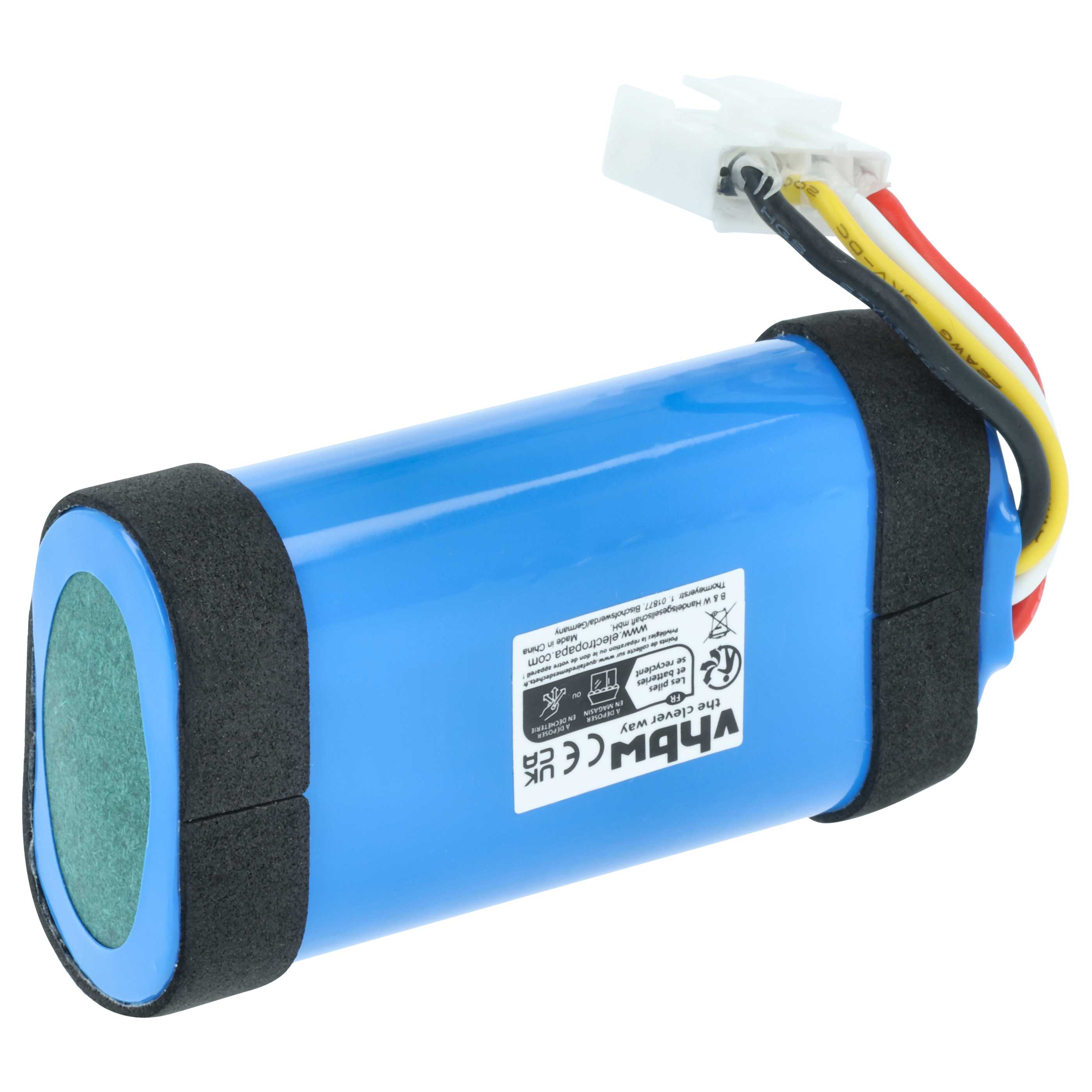 Eine blaue Lithium-Ionen-Batterie mit schwarzem Schaumstoff und Kabeln.
