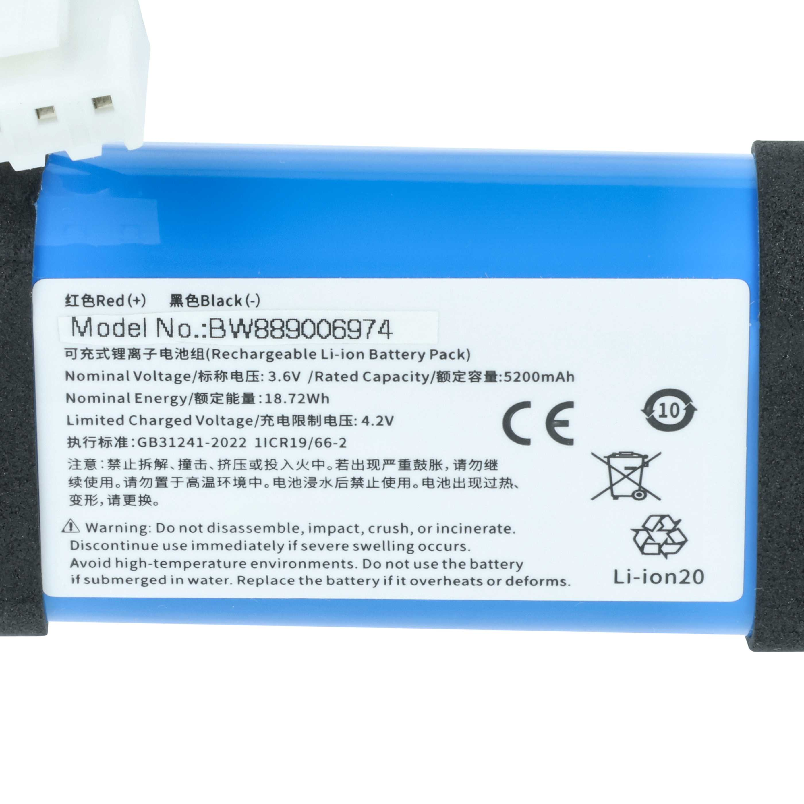 Blauer Lithium-Ionen-Akku mit Modell BW889006974 und Warnhinweisen.